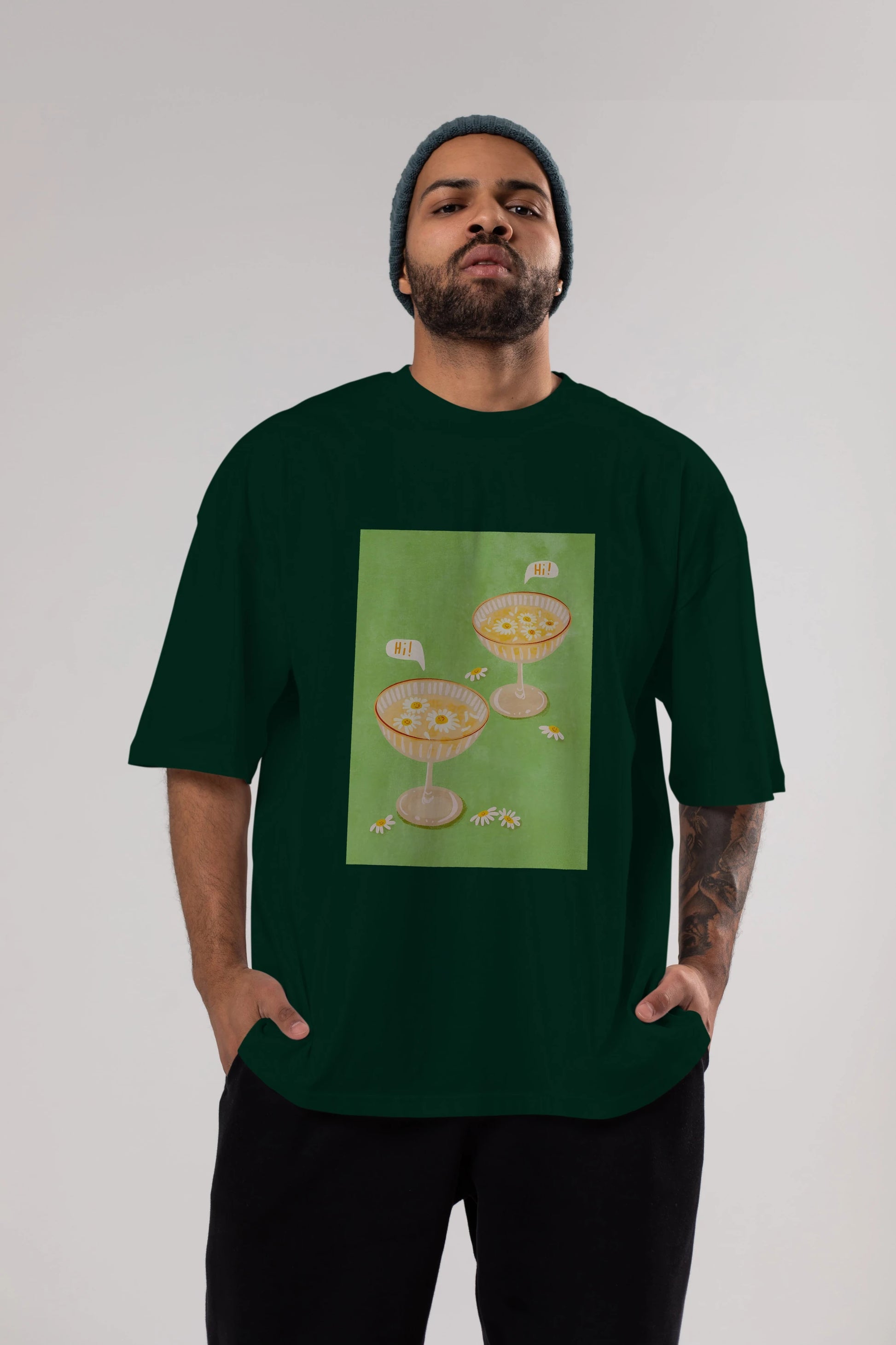 Hi Cheers Ön Baskılı Oversize t-shirt Erkek Kadın Unisex %100 Pamuk Bisiklet Yaka tişort