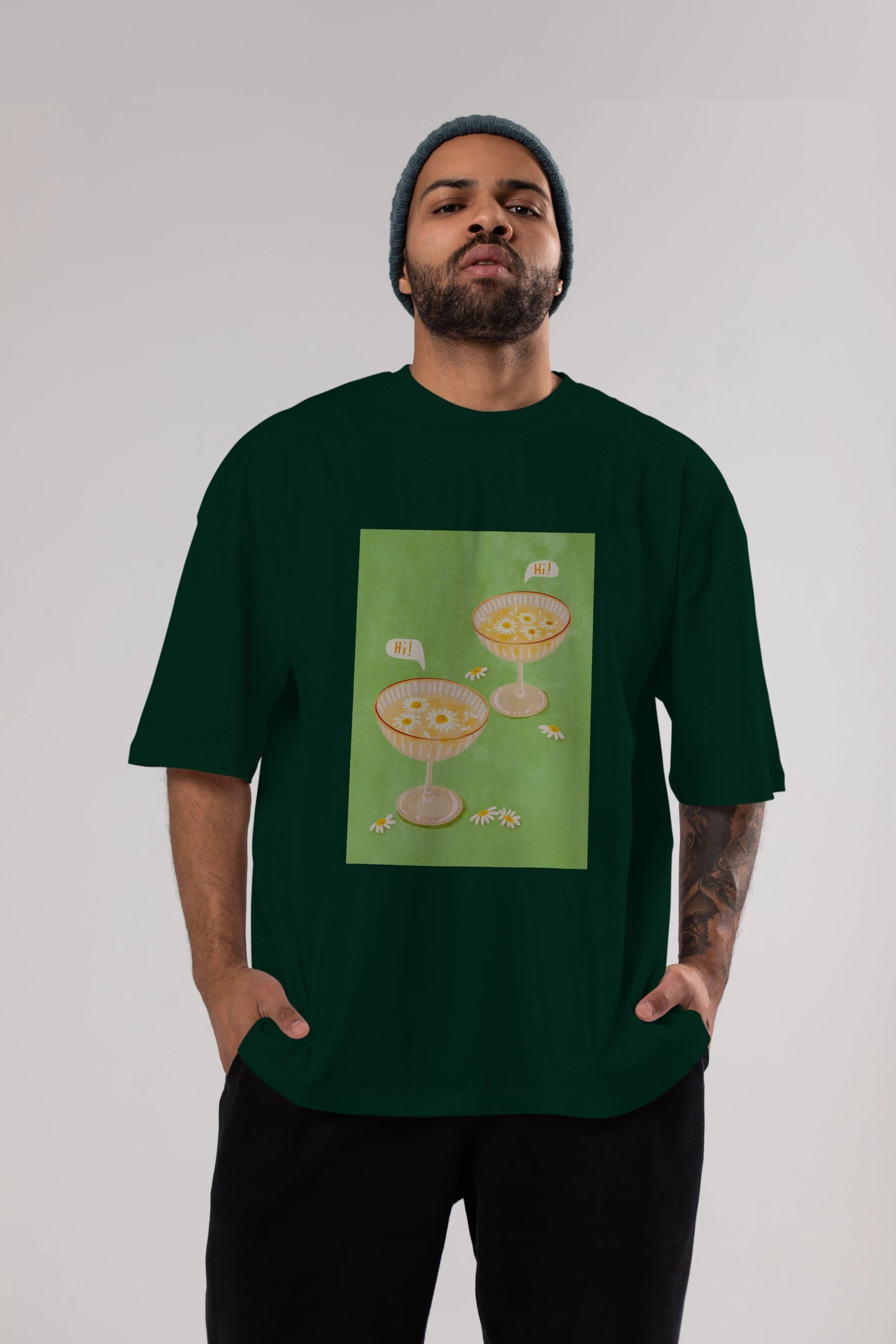 Hi Cheers Ön Baskılı Oversize t-shirt Erkek Kadın Unisex %100 Pamuk Bisiklet Yaka tişort