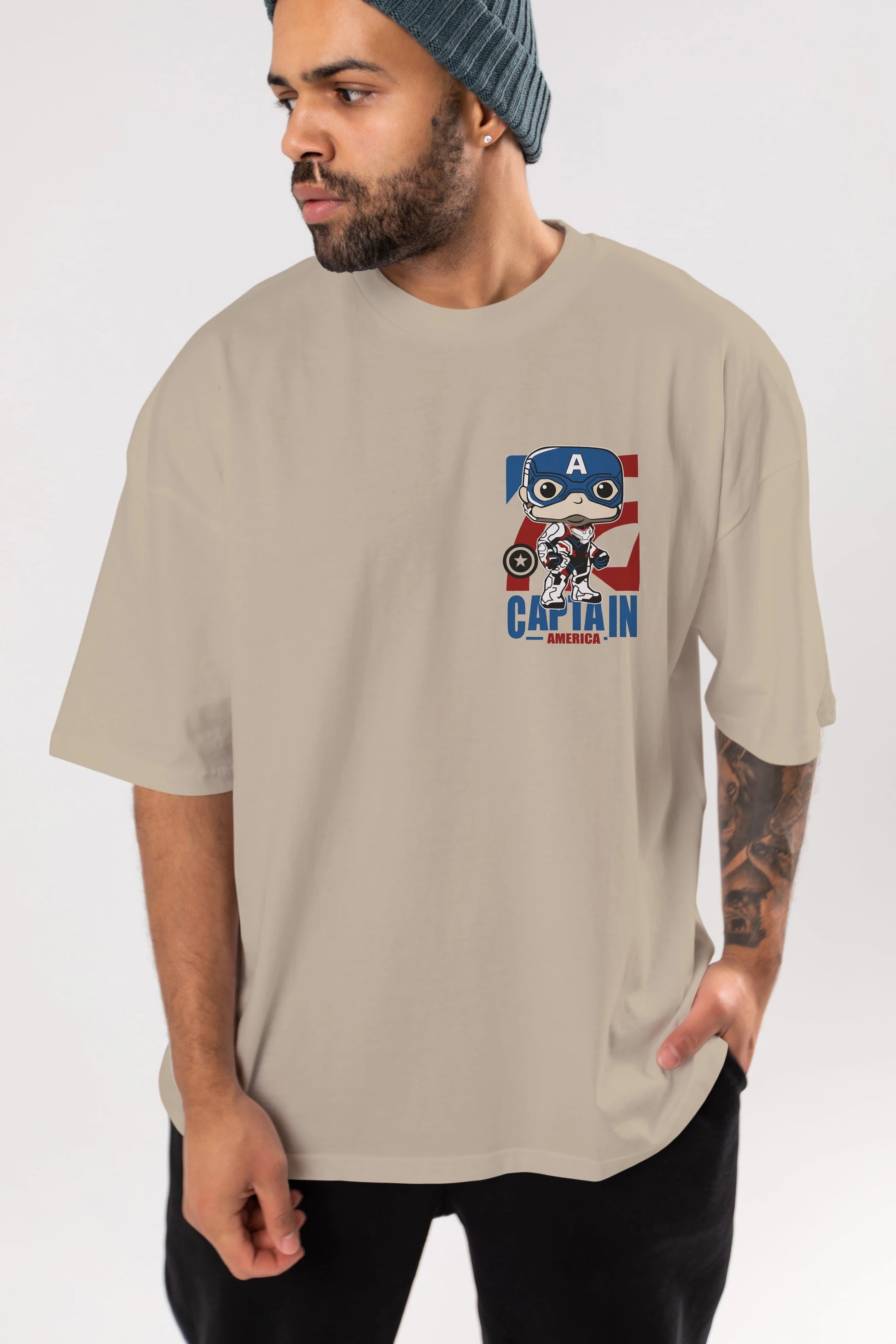 Captain America Ön Sol Baskılı Oversize t-shirt Erkek Kadın Unisex %100 Pamuk Bisiklet Yaka tişort