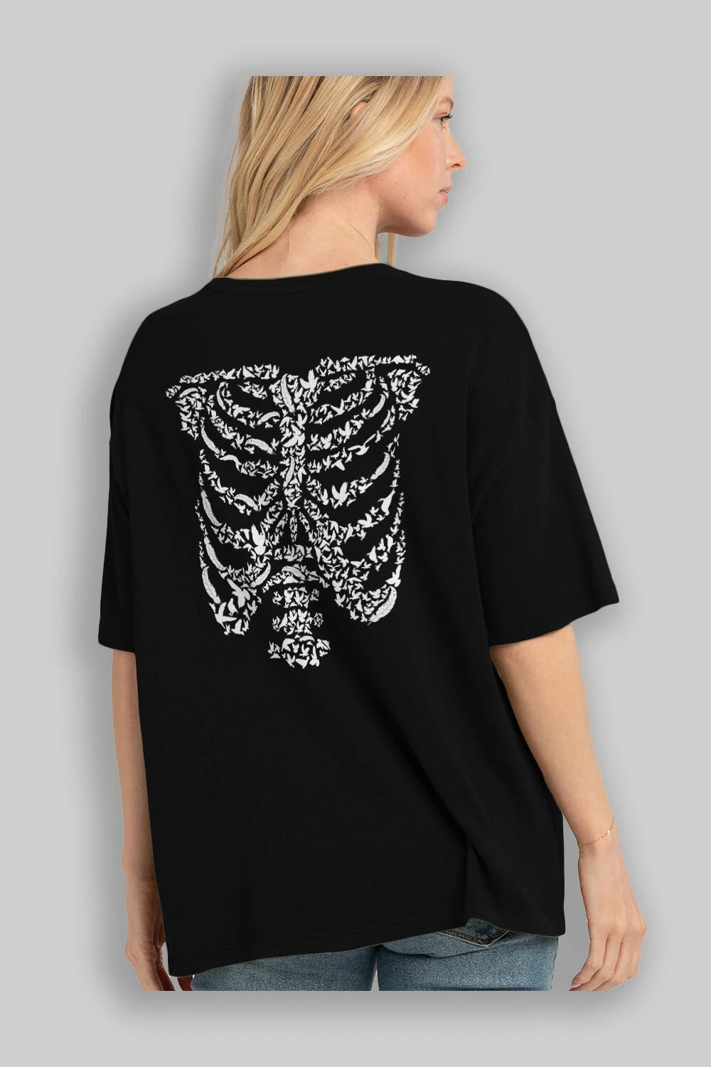 Ribcage Bird Arka Baskılı Oversize t-shirt %100 pamuk Erkek Kadın Unisex