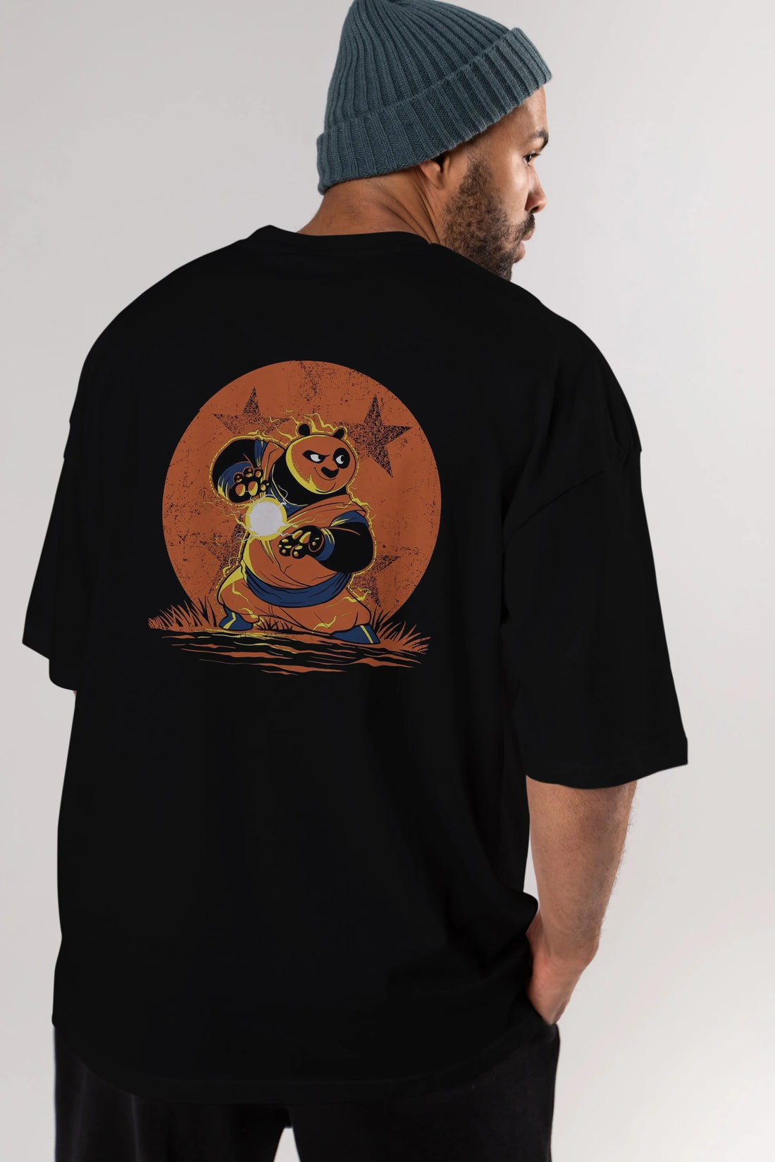 Kung Fu Panda Arka Baskılı Oversize t-shirt Erkek Kadın Unisex %100 Pamuk Bisiklet Yaka tişort