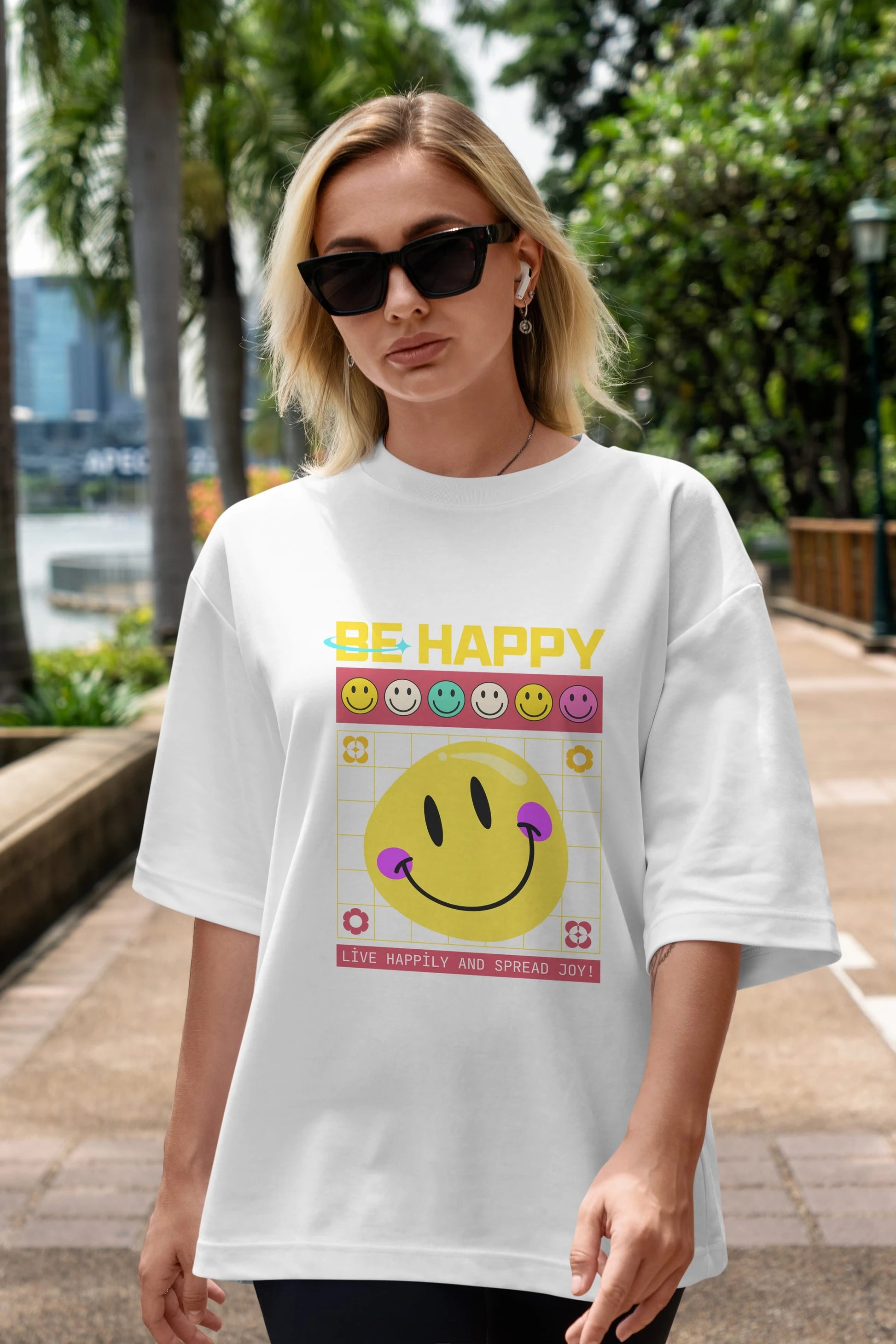 Be Happy Yazılı Ön Baskılı Oversize t-shirt Erkek Kadın Unisex