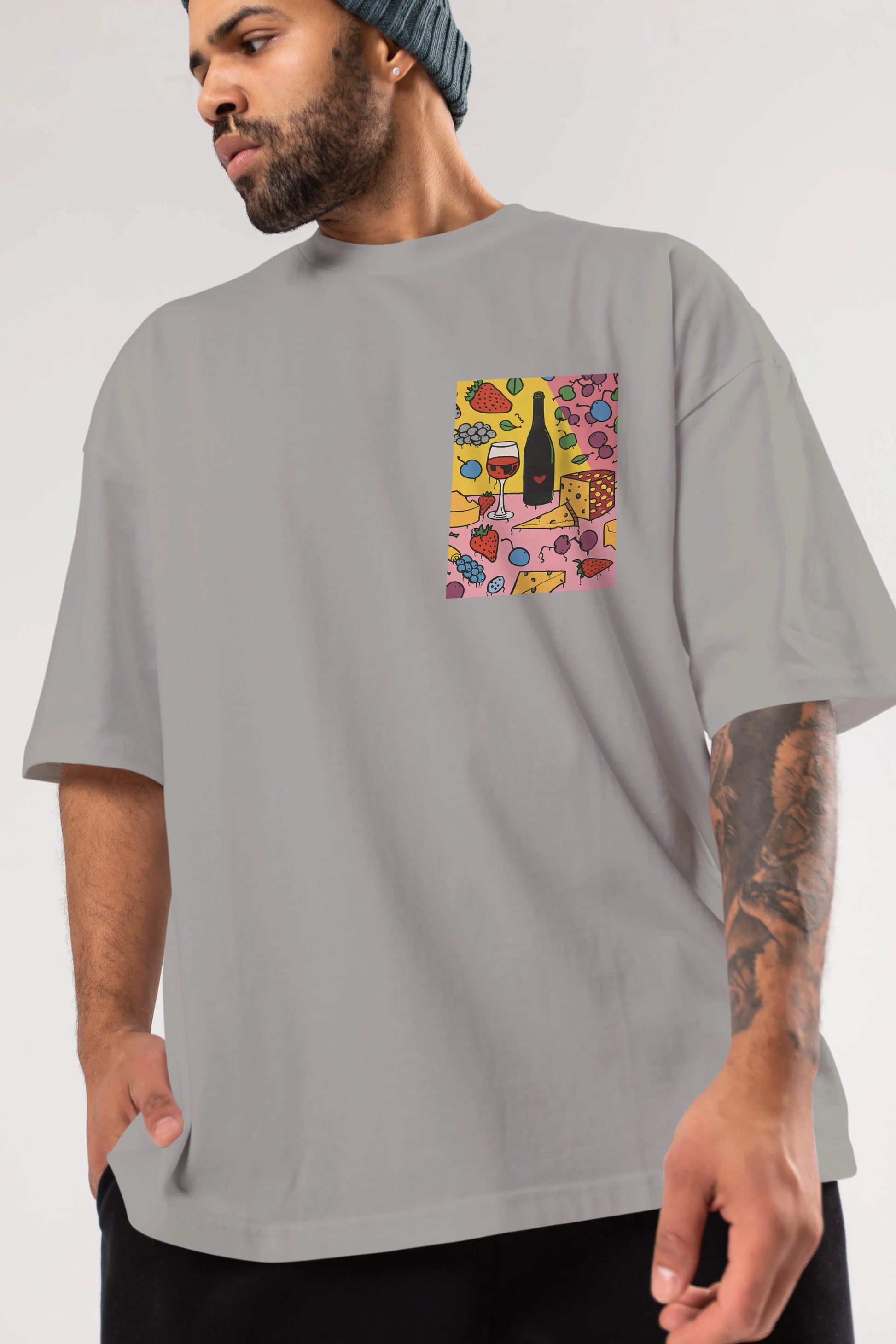 Wine Cheese Fruits Ön Sol Baskılı Oversize t-shirt Erkek Kadın Unisex %100 Pamuk Bisiklet Yaka tişort