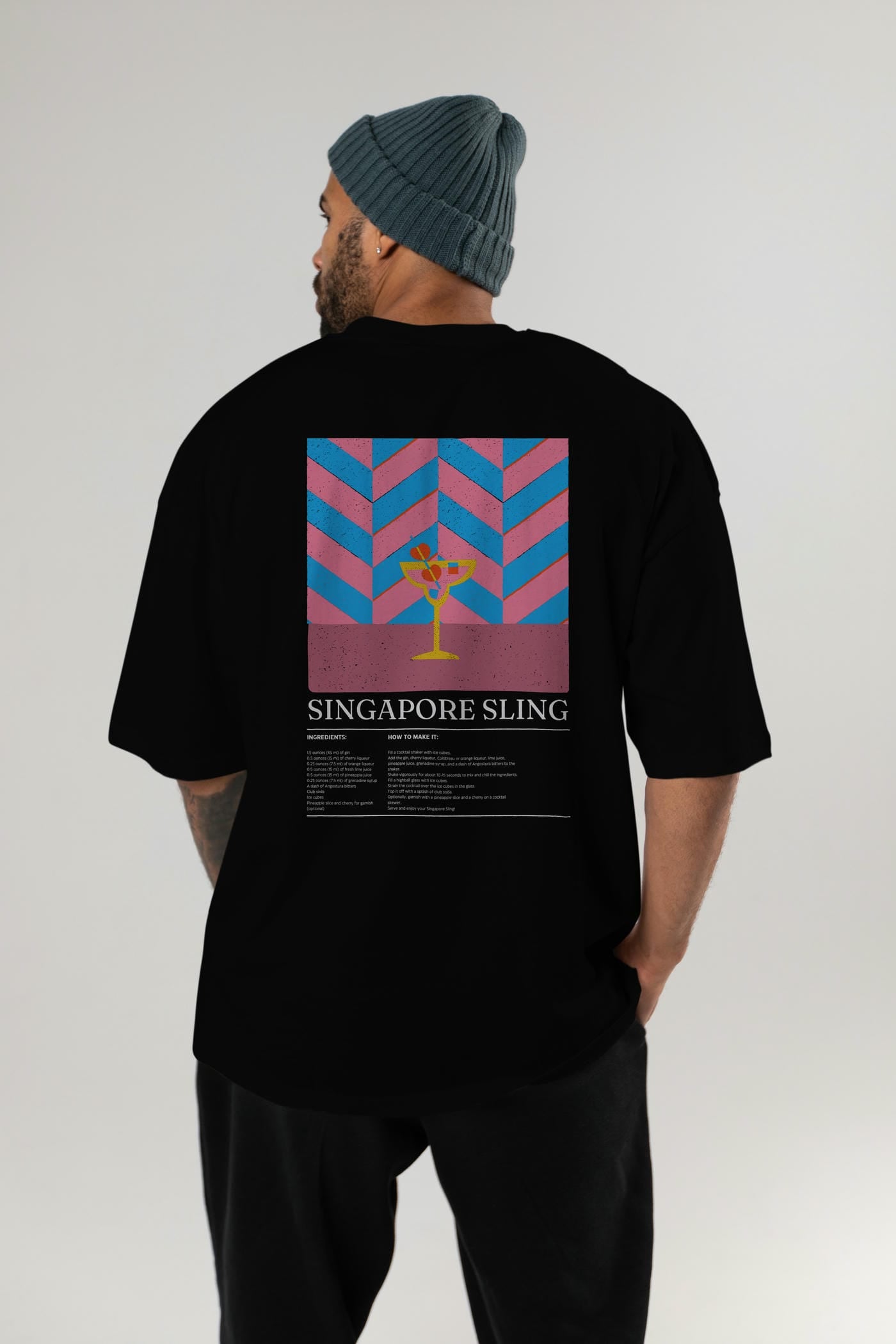 Singapore Sling Kokteyl Serisi Arka Baskılı Oversize t-shirt Erkek Kadın %100 Pamuk Bisiklet Yaka tişort