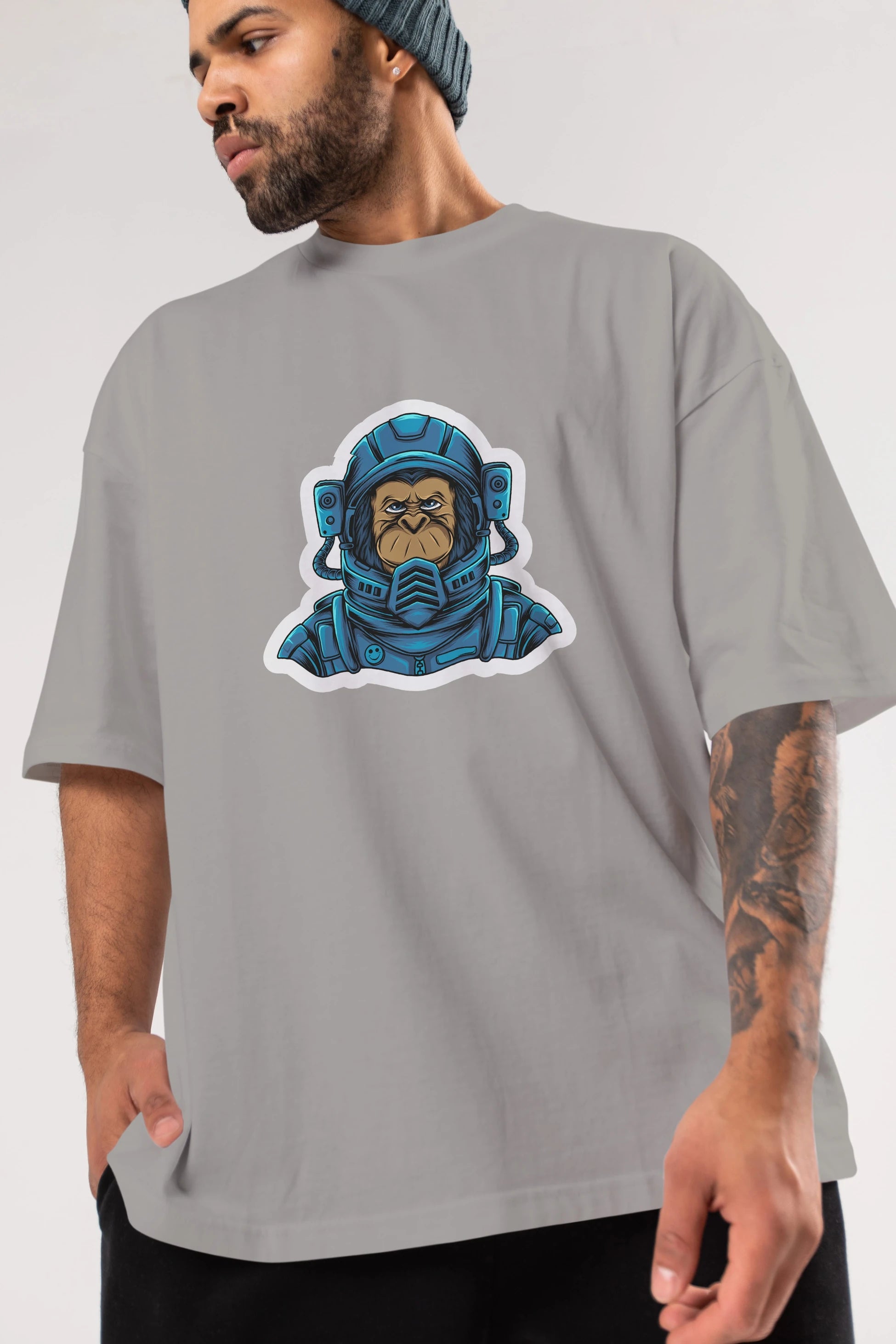 Astromonkey Sticker Ön Baskılı Oversize t-shirt Erkek Kadın Unisex