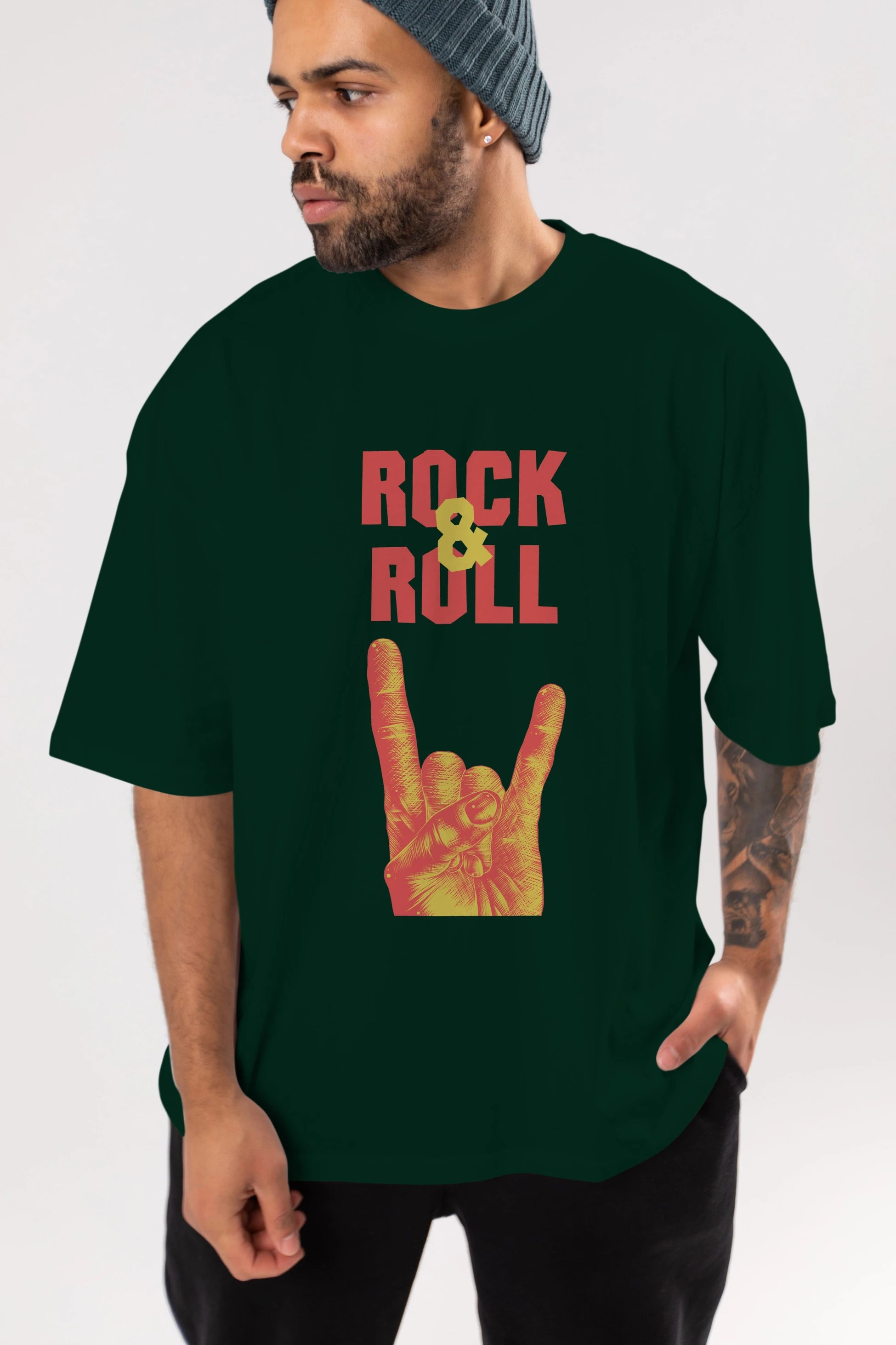 Rock & Roll Yazılı Ön Baskılı Oversize t-shirt Erkek Kadın Unisex