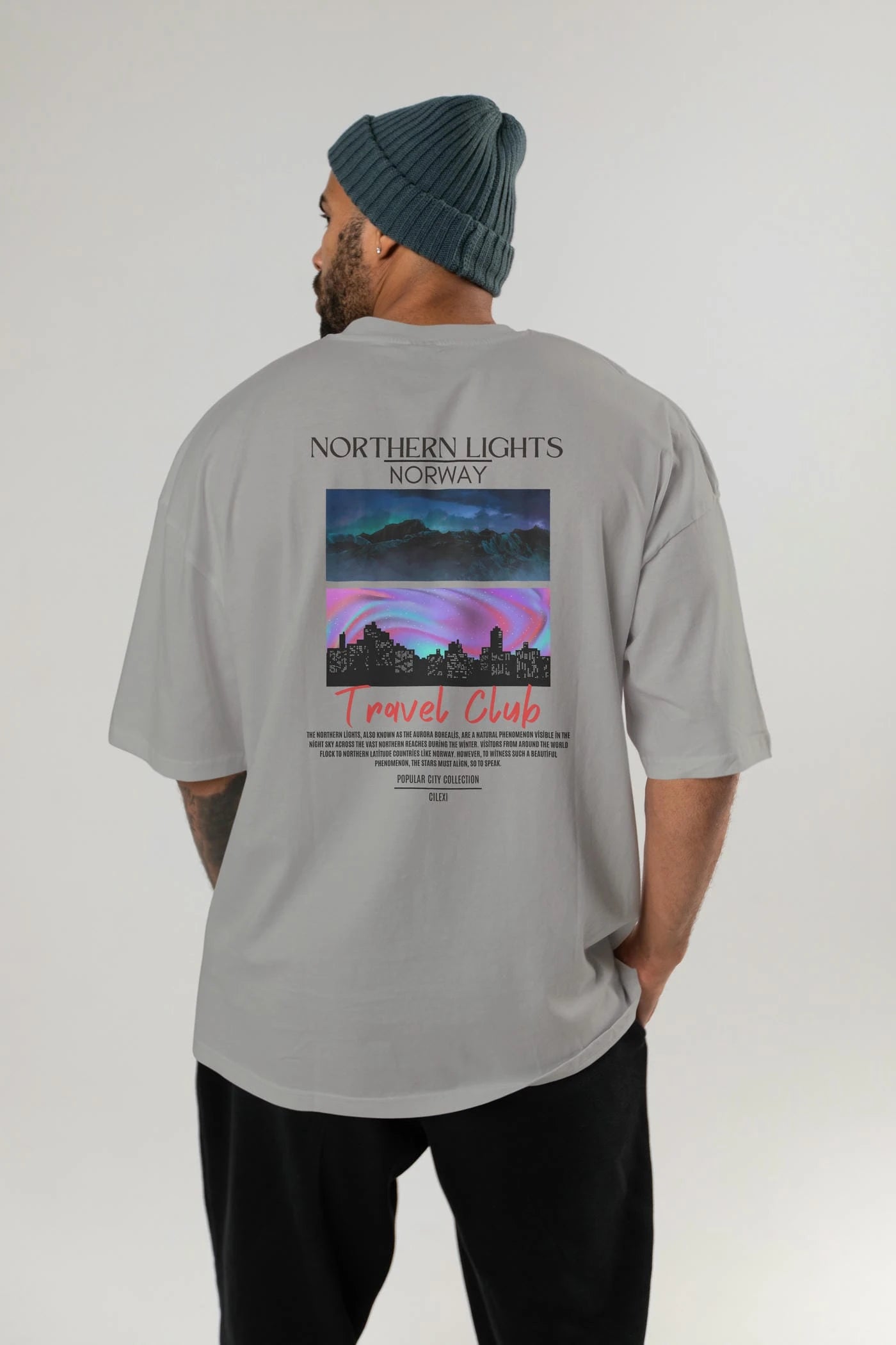 Northern Lights Norway Arka Baskılı Oversize t-shirt Erkek Kadın Pamuk Bisiklet Yaka tişort
