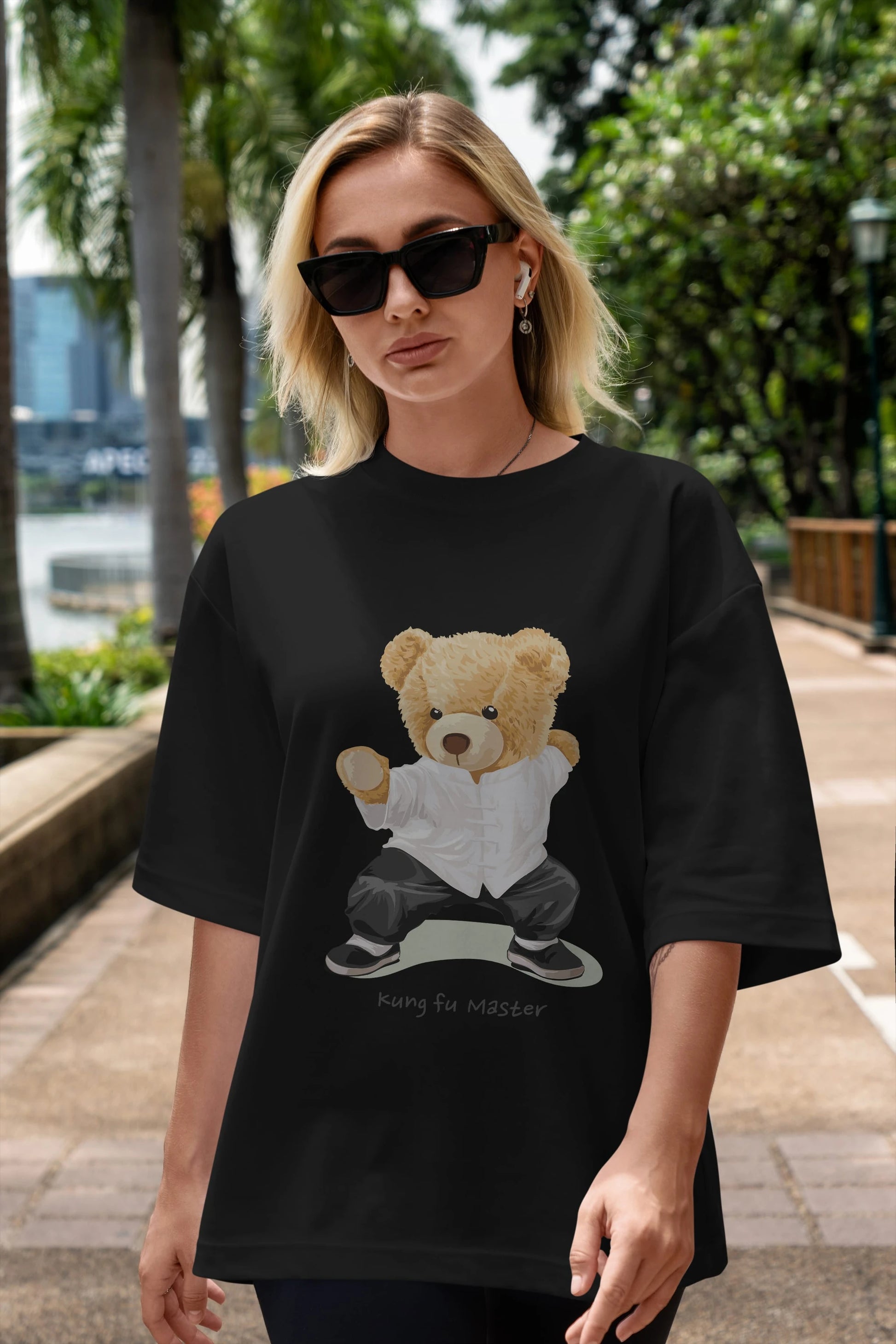 Teddy Bear Kung Fu Master Ön Baskılı Oversize t-shirt Erkek Kadın Unisex %100 Pamuk