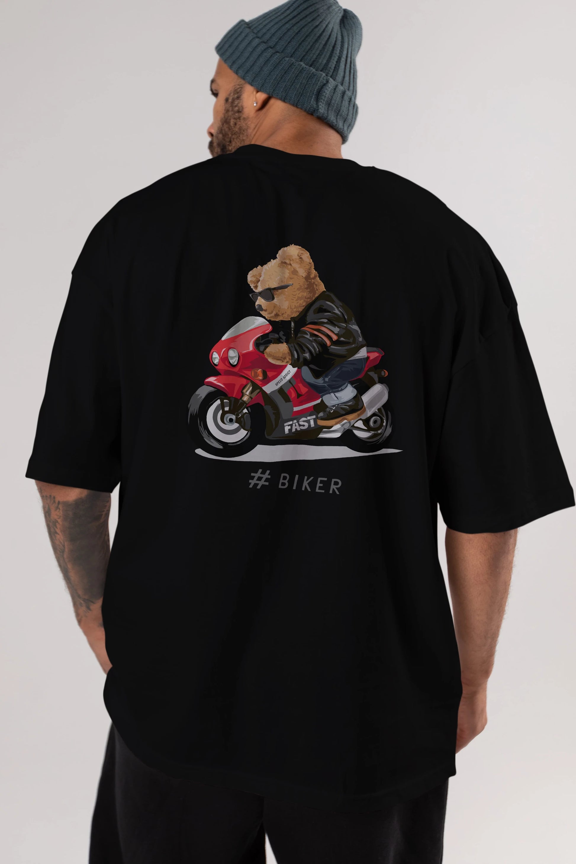 Teddy Bear Biker Arka Baskılı Oversize t-shirt Erkek Kadın Unisex %100 Pamuk