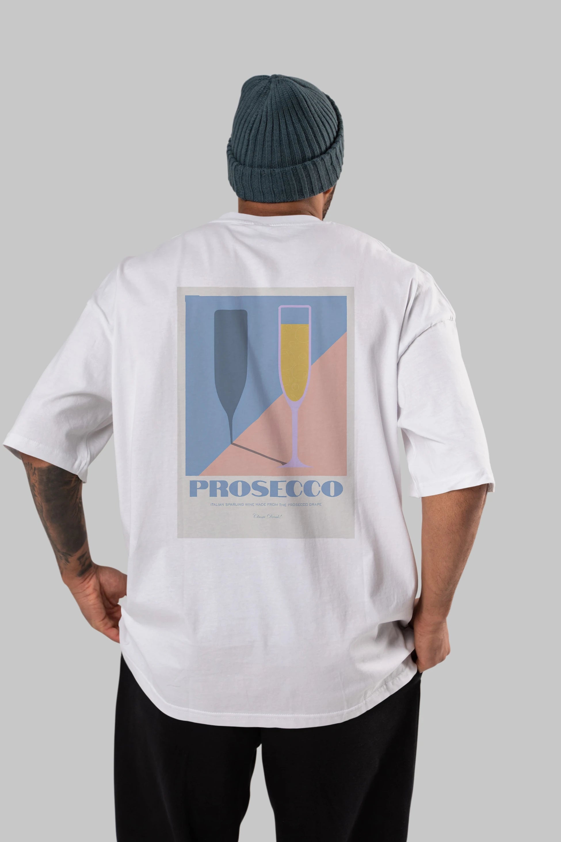 Prosecco Arka Baskılı Oversize t-shirt Erkek Kadın Unisex %100 Pamuk Bisiklet Yaka tişort