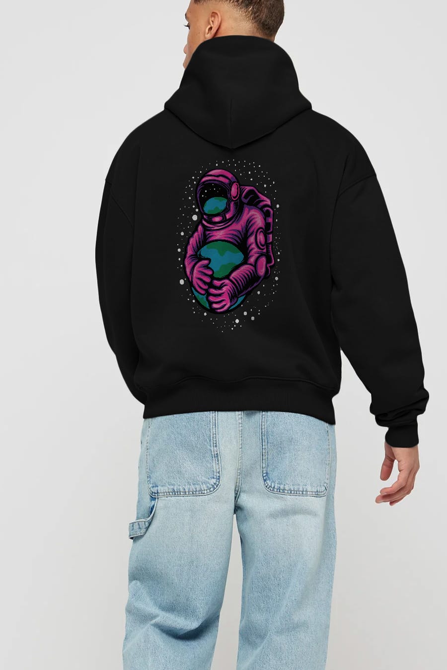 Astronaut Holding Up The Earth Arka Baskılı Hoodie Oversize Kapüşonlu Sweatshirt Erkek Kadın Unisex