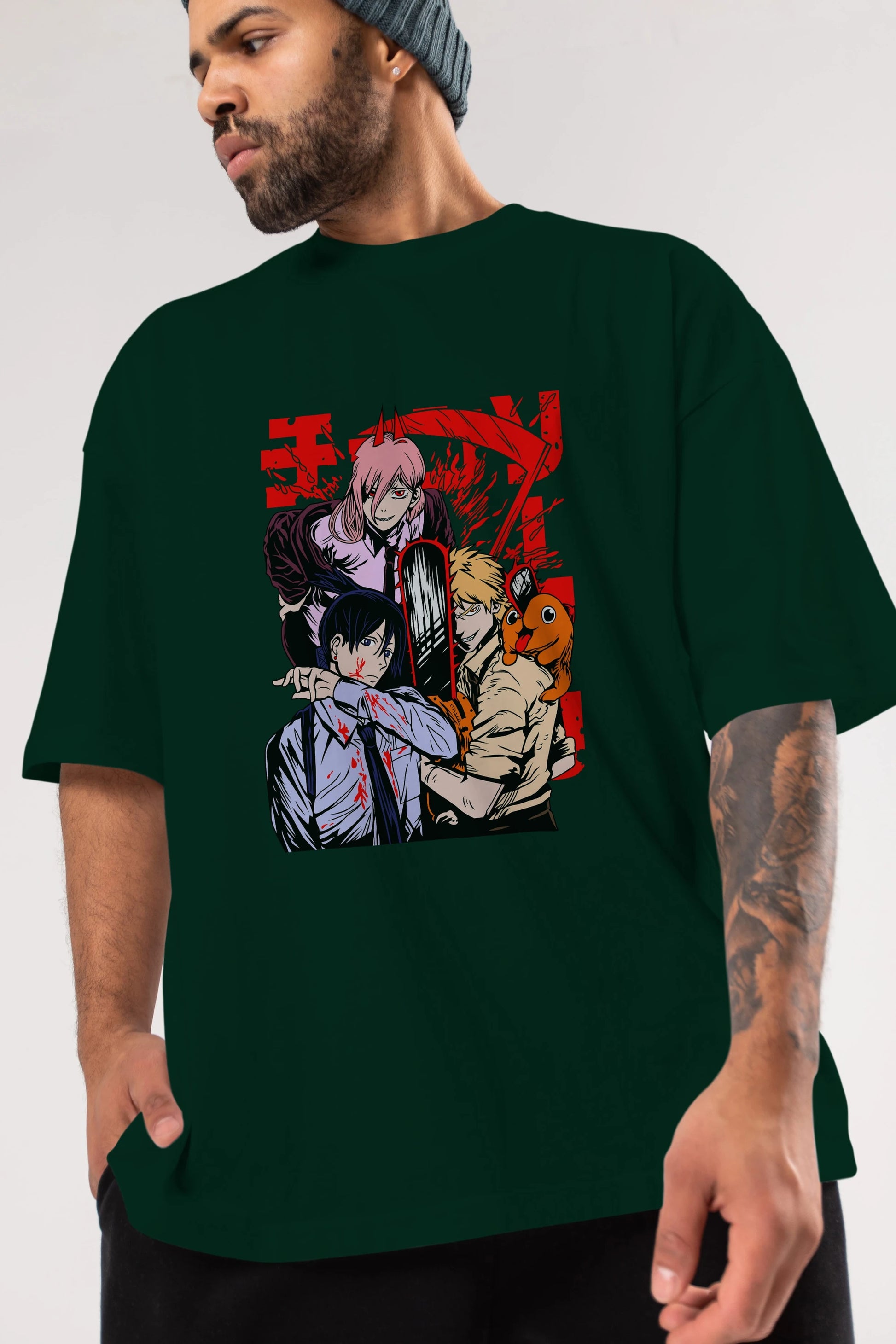 CHAINSAWMAN CREW Anime Ön Baskılı Oversize t-shirt %100 pamuk Erkek Kadın Unisex
