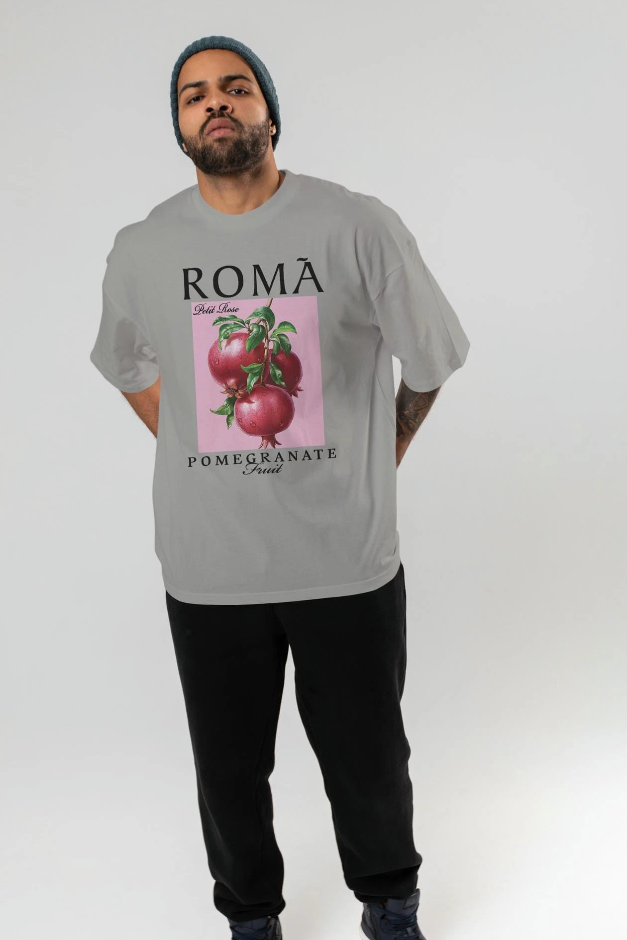 Roma Pomegranate Nar Ön Baskılı Oversize t-shirt Erkek Kadın Pamuk Bisiklet Yaka tişort