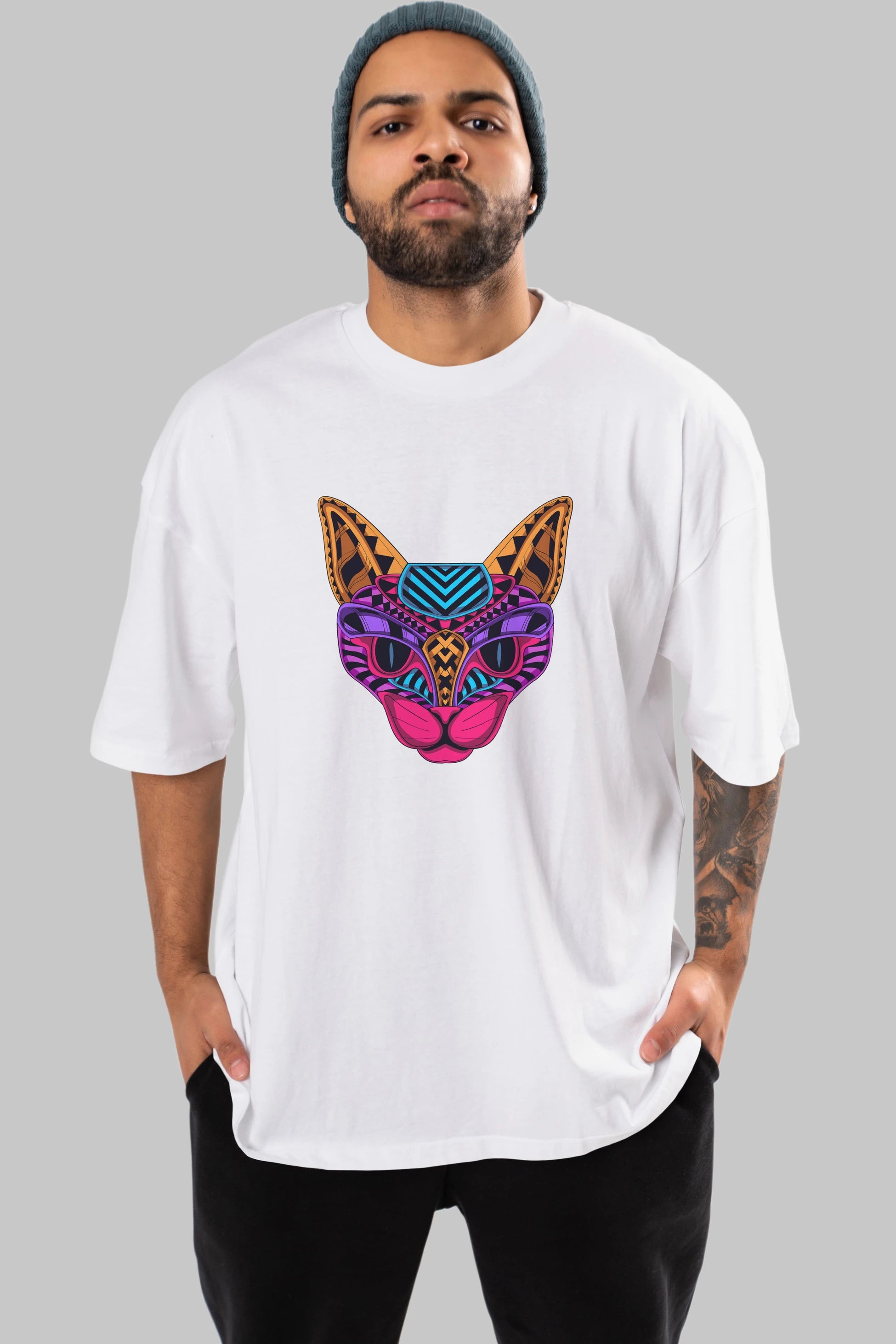 Black Neon Cat Ön Baskılı Oversize t-shirt Erkek Kadın Unisex
