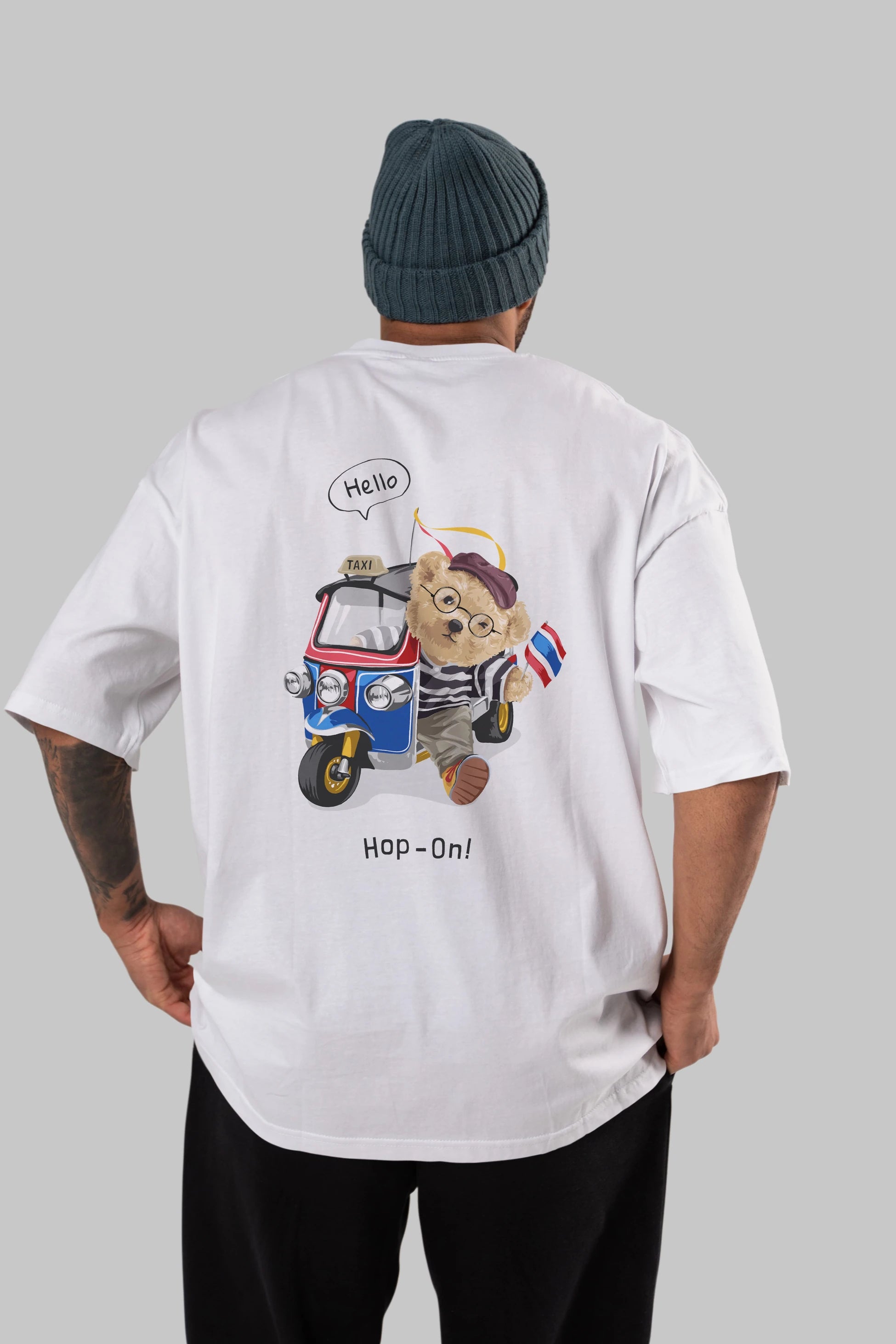 Teddy Bear Hop-On Arka Baskılı Oversize t-shirt Erkek Kadın Unisex %100 Pamuk