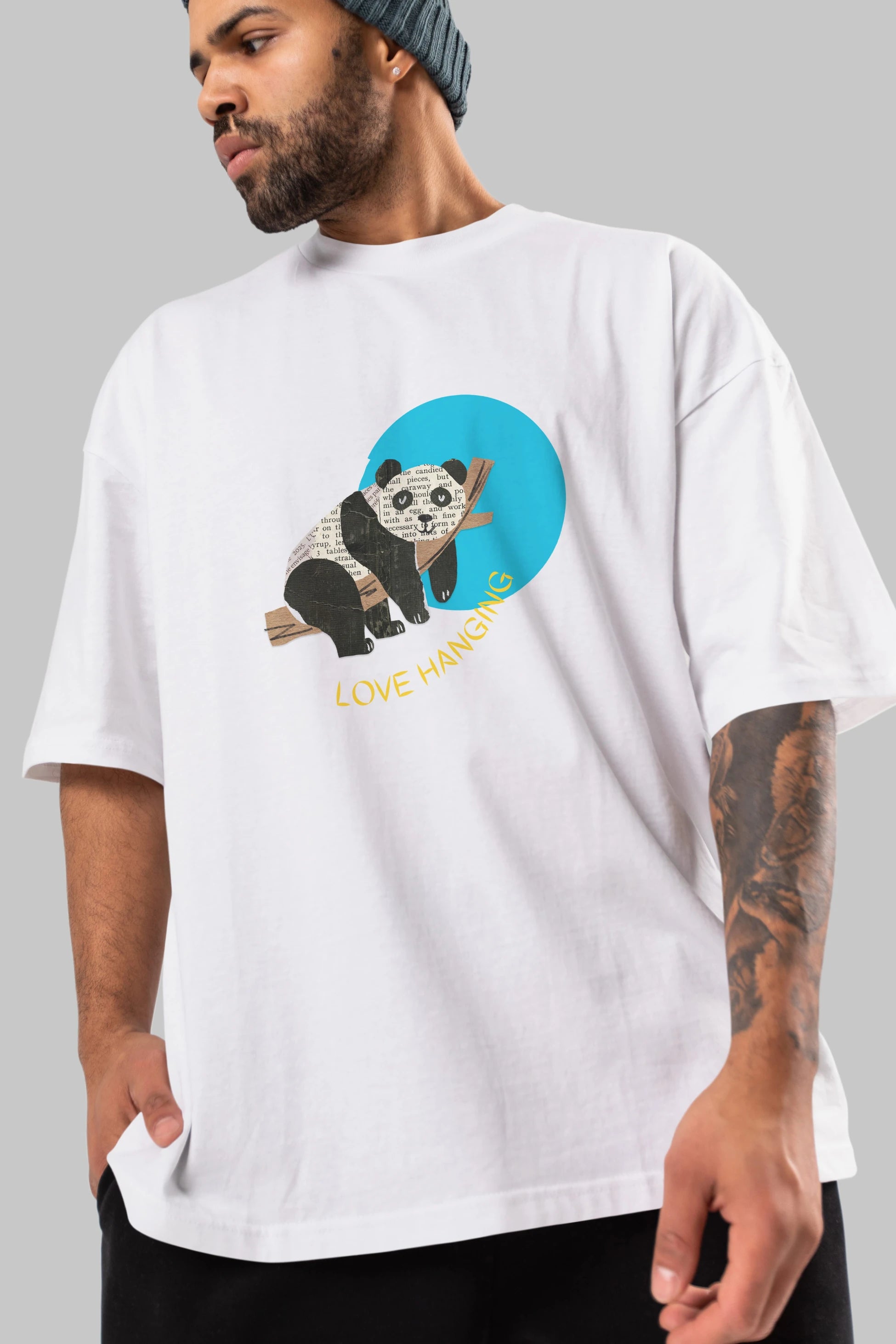 Panda Love Hanging Ön Baskılı Oversize t-shirt Erkek Kadın Unisex