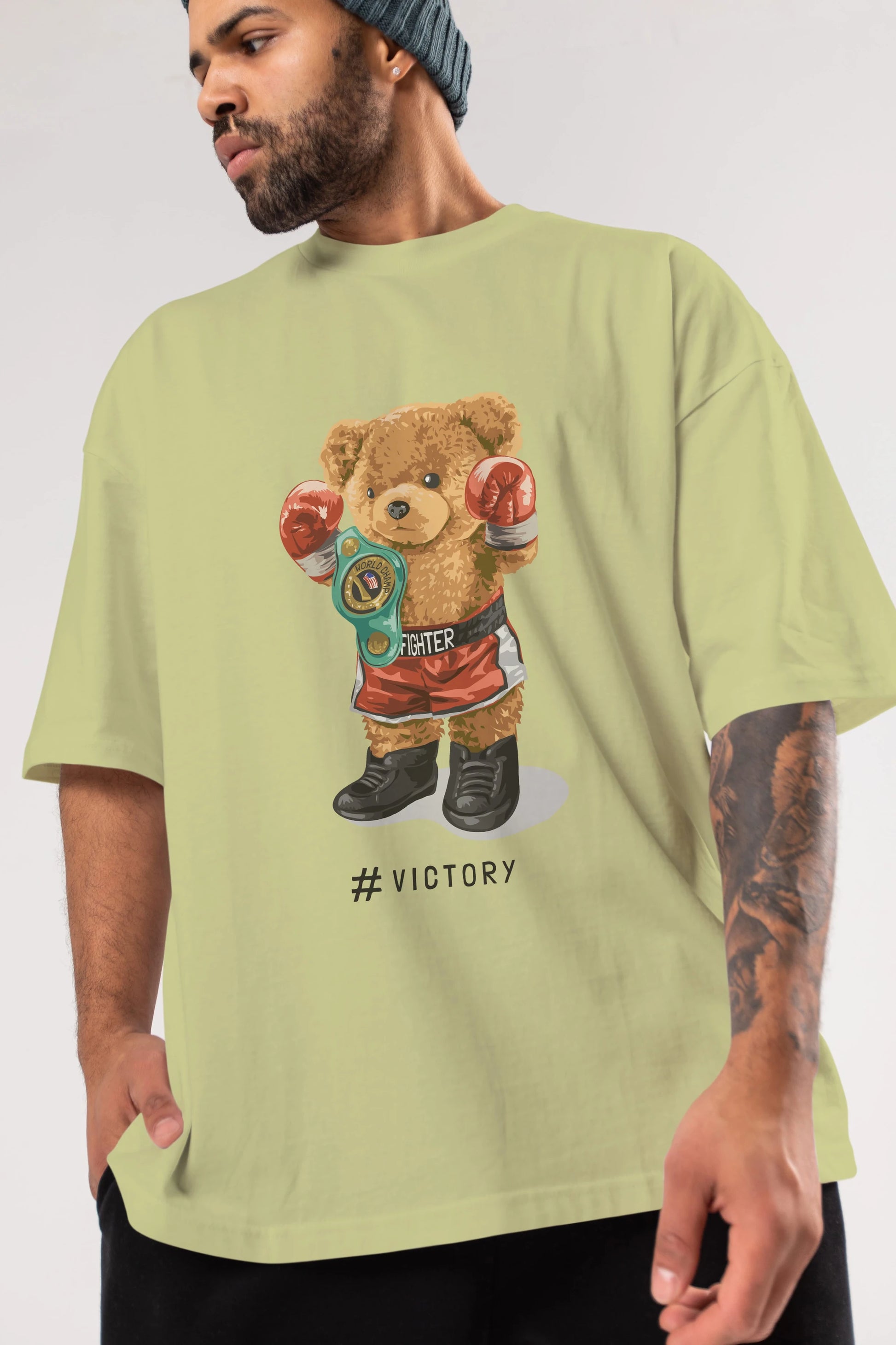 Teddy Bear Victory Ön Baskılı Oversize t-shirt Erkek Kadın Unisex %100 Pamuk