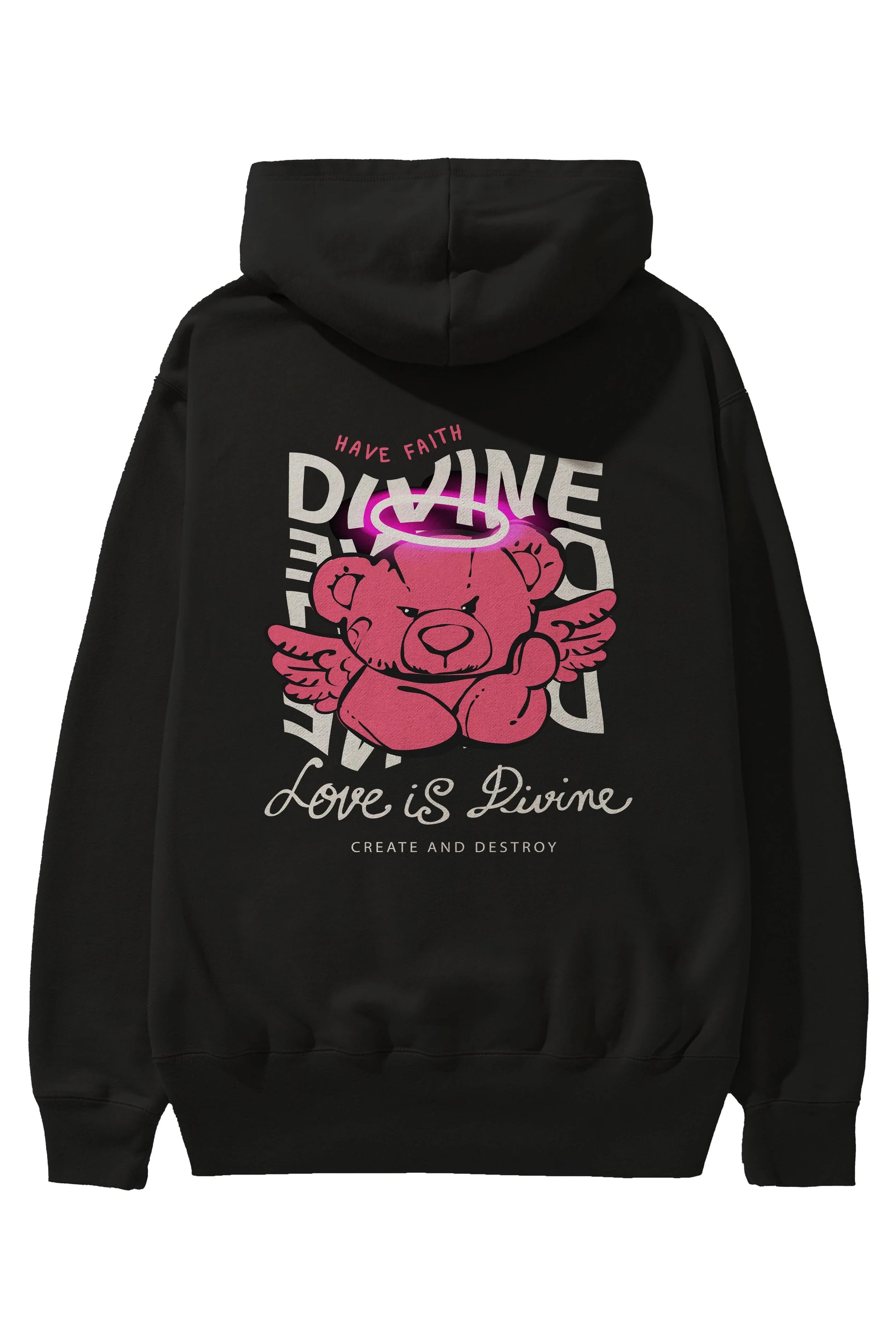 Love is Divine Bear Arka Baskılı Hoodie Oversize Kapüşonlu Sweatshirt Erkek Kadın Unisex