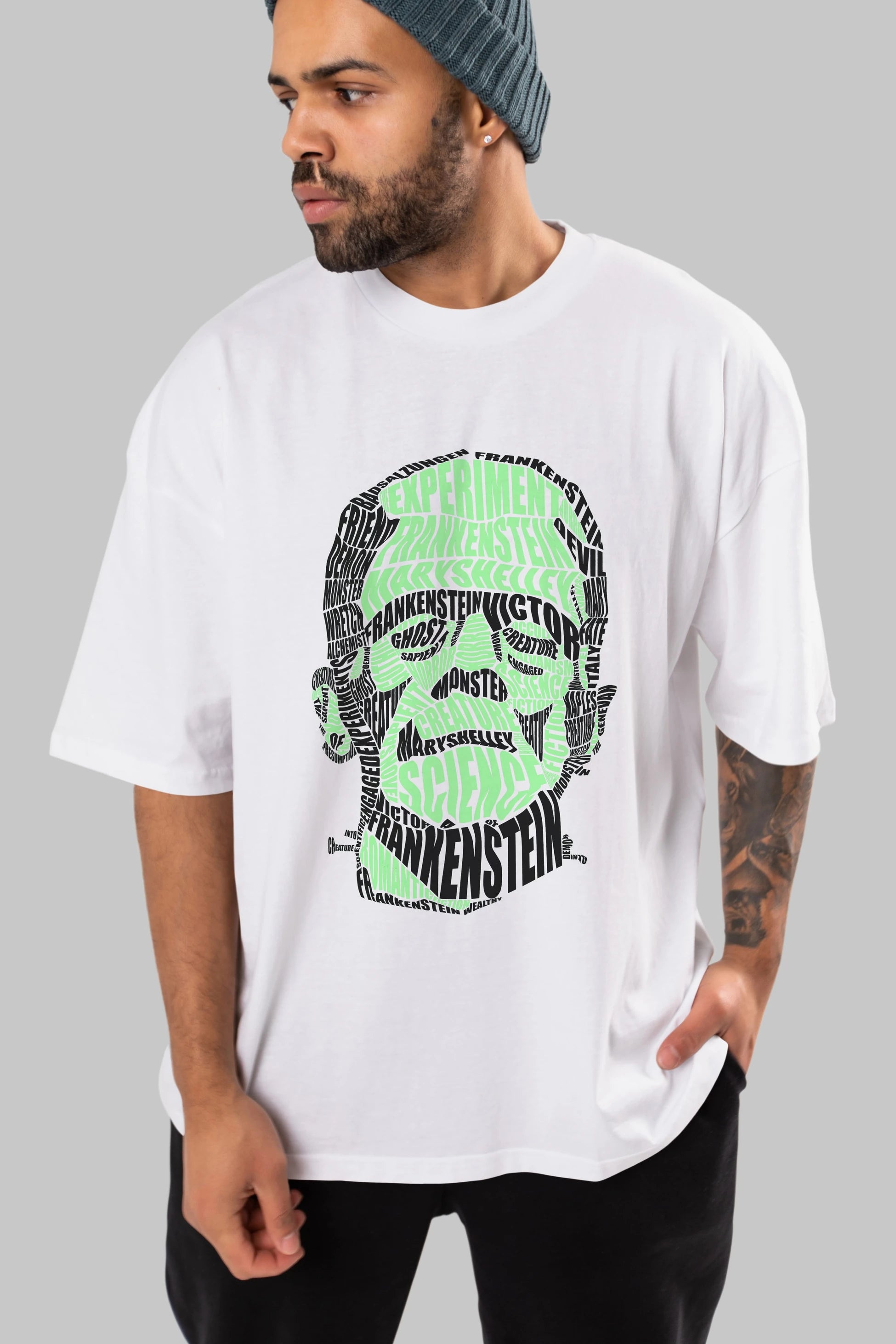 Frankenstein Calligram Ön Baskılı Oversize t-shirt %100 pamuk Erkek Kadın Unisex