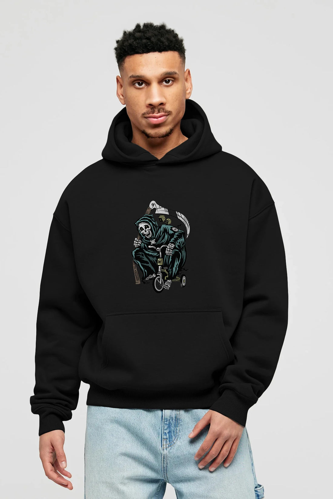 Grim Reaper Bicycle Ön Baskılı Hoodie Oversize Kapüşonlu Sweatshirt Erkek Kadın Unisex
