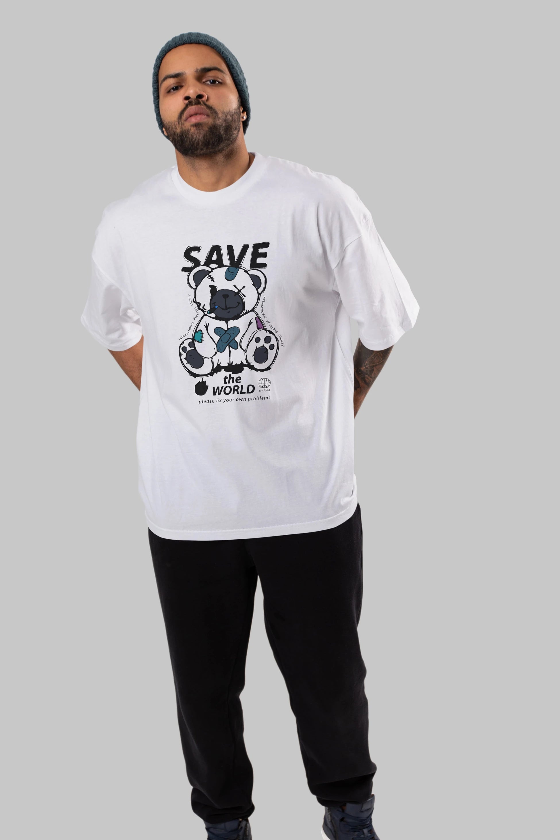 Save the World Bear Ön Baskılı Oversize t-shirt Erkek Kadın Unisex