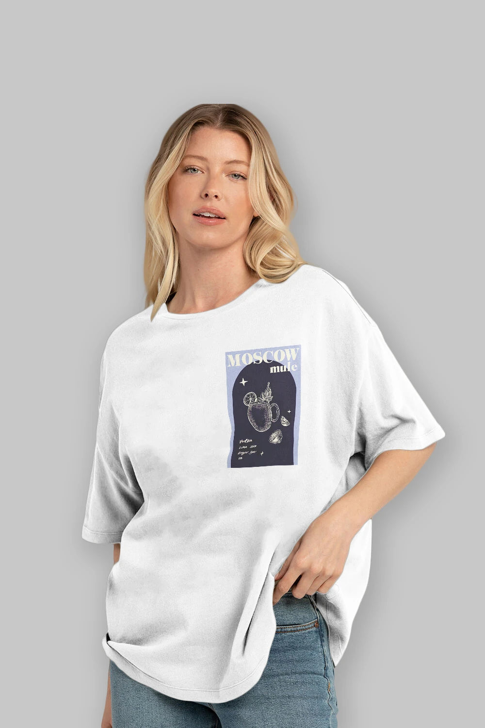 Moscow Mule Ön Sol Baskılı Oversize t-shirt Erkek Kadın Unisex %100 Pamuk Bisiklet Yaka tişort