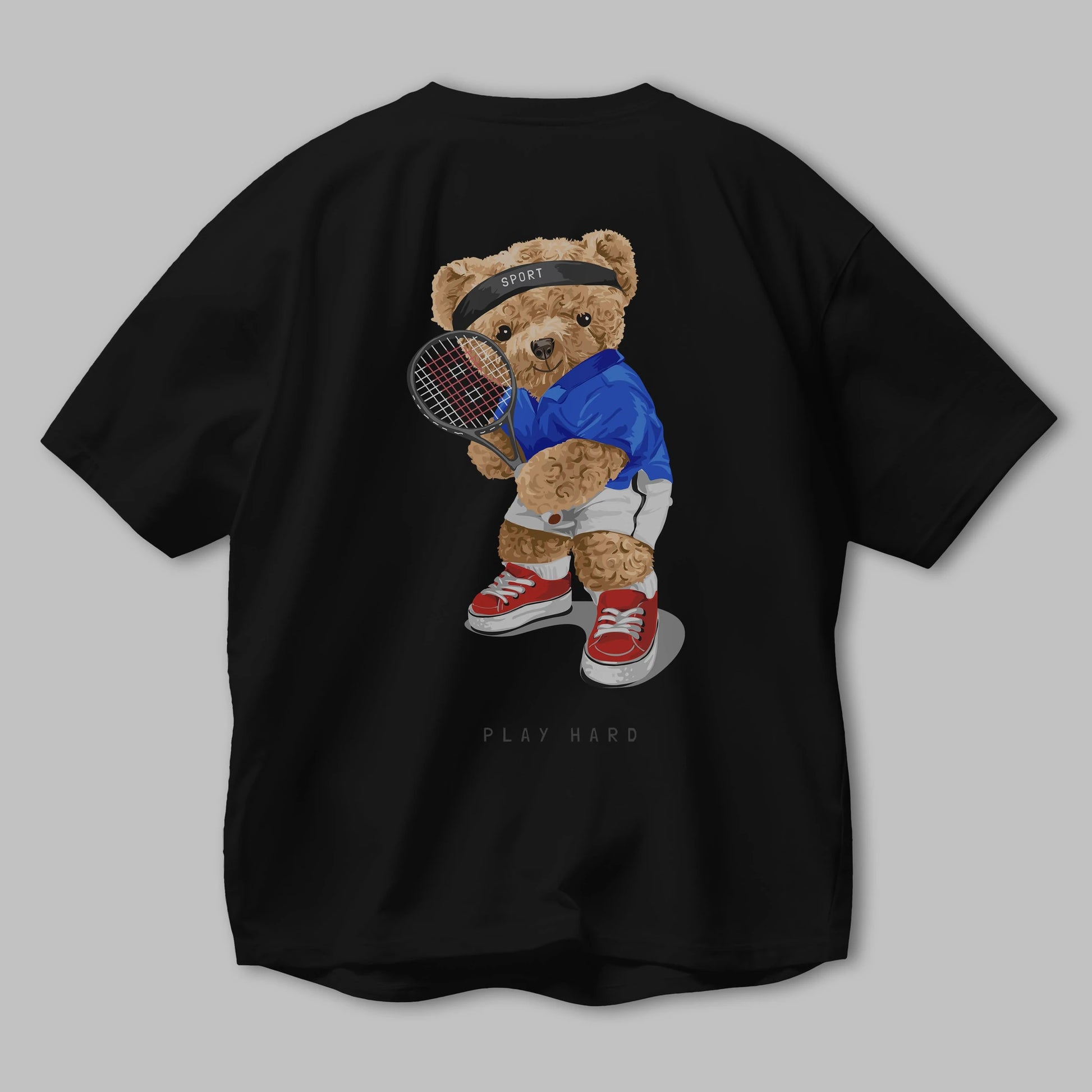 Teddy Bear Play Hard Arka Baskılı Oversize t-shirt Erkek Kadın Unisex %100 Pamuk