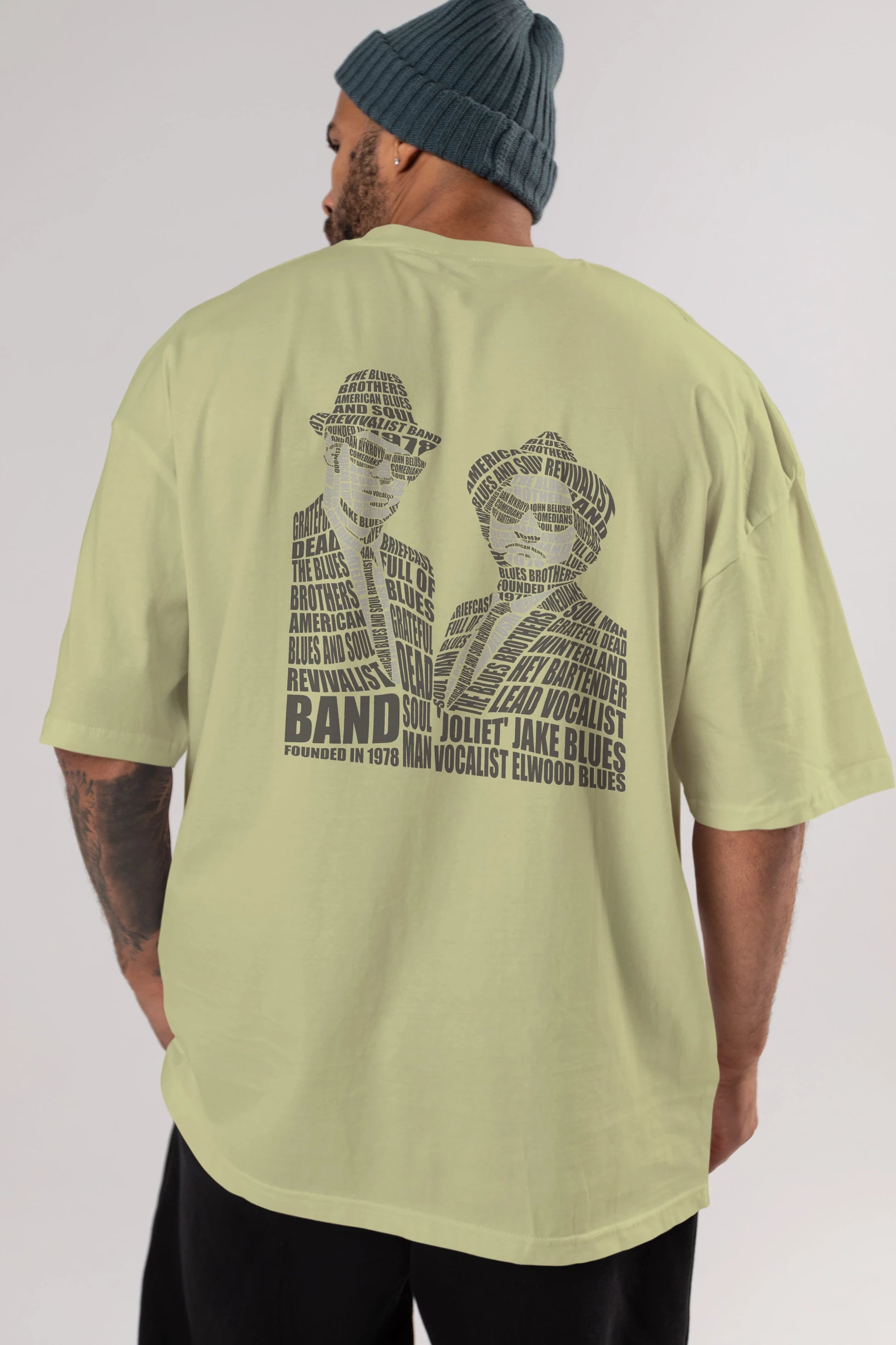 Blues Brothers Calligram Arka Baskılı Oversize t-shirt %100 pamuk Erkek Kadın Unisex
