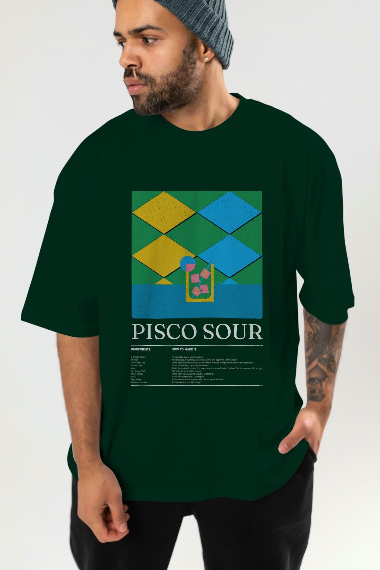 Pisco Sour Kokteyl Ön Baskılı Oversize t-shirt Erkek Kadın %100 Pamuk Bisiklet Yaka tişort