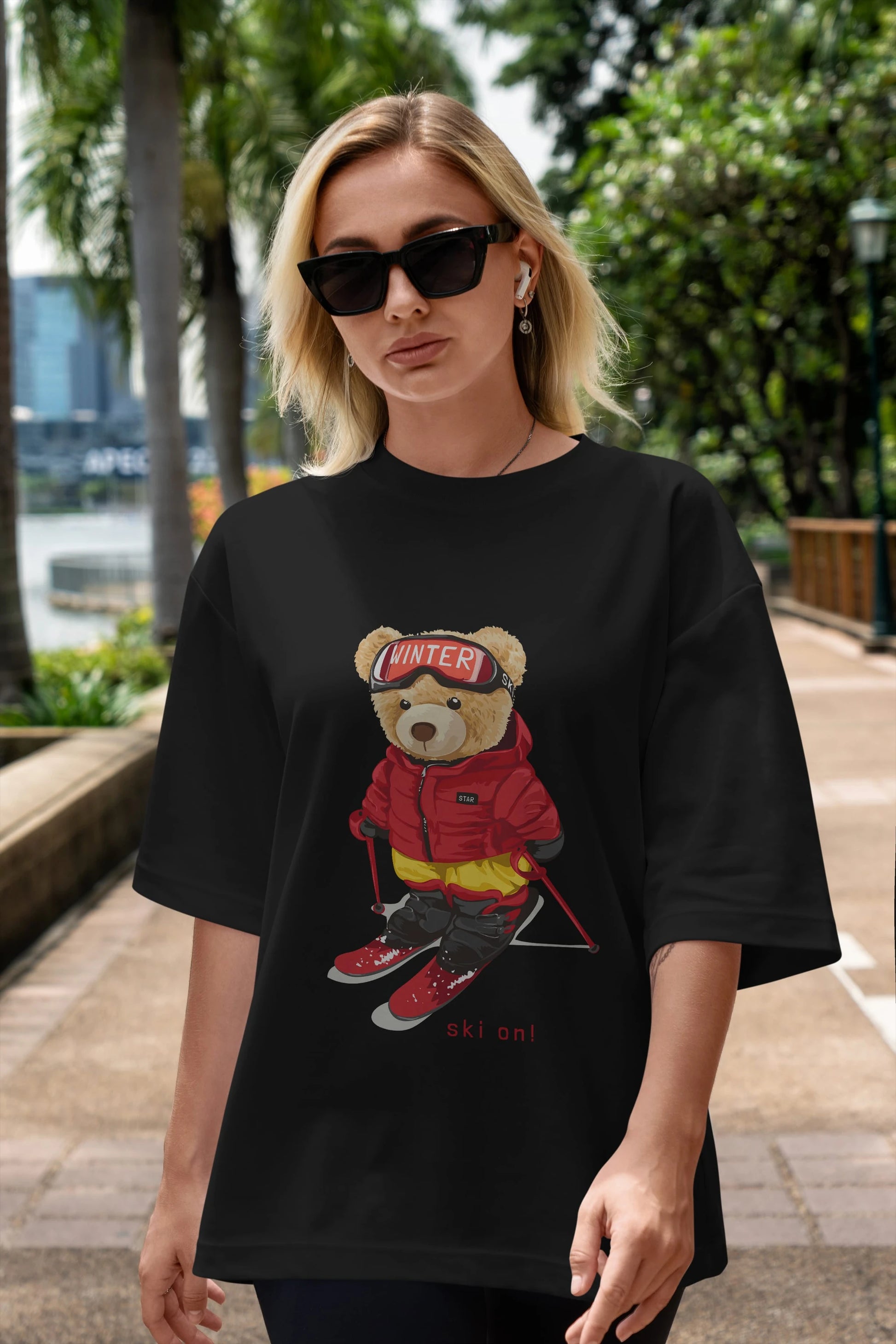 Teddy Bear Ski On Ön Baskılı Oversize t-shirt Erkek Kadın Unisex %100 Pamuk