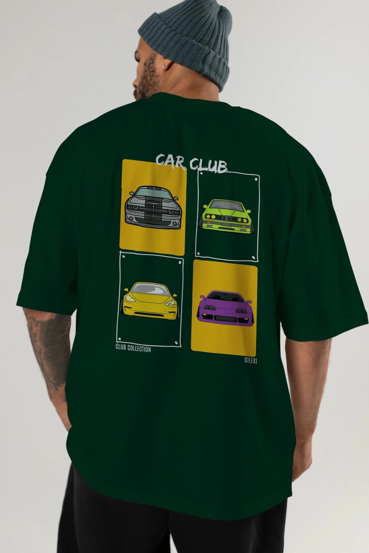Car Club Arka Baskılı Oversize t-shirt Erkek Kadın %100 Pamuk Bisiklet Yaka tişort