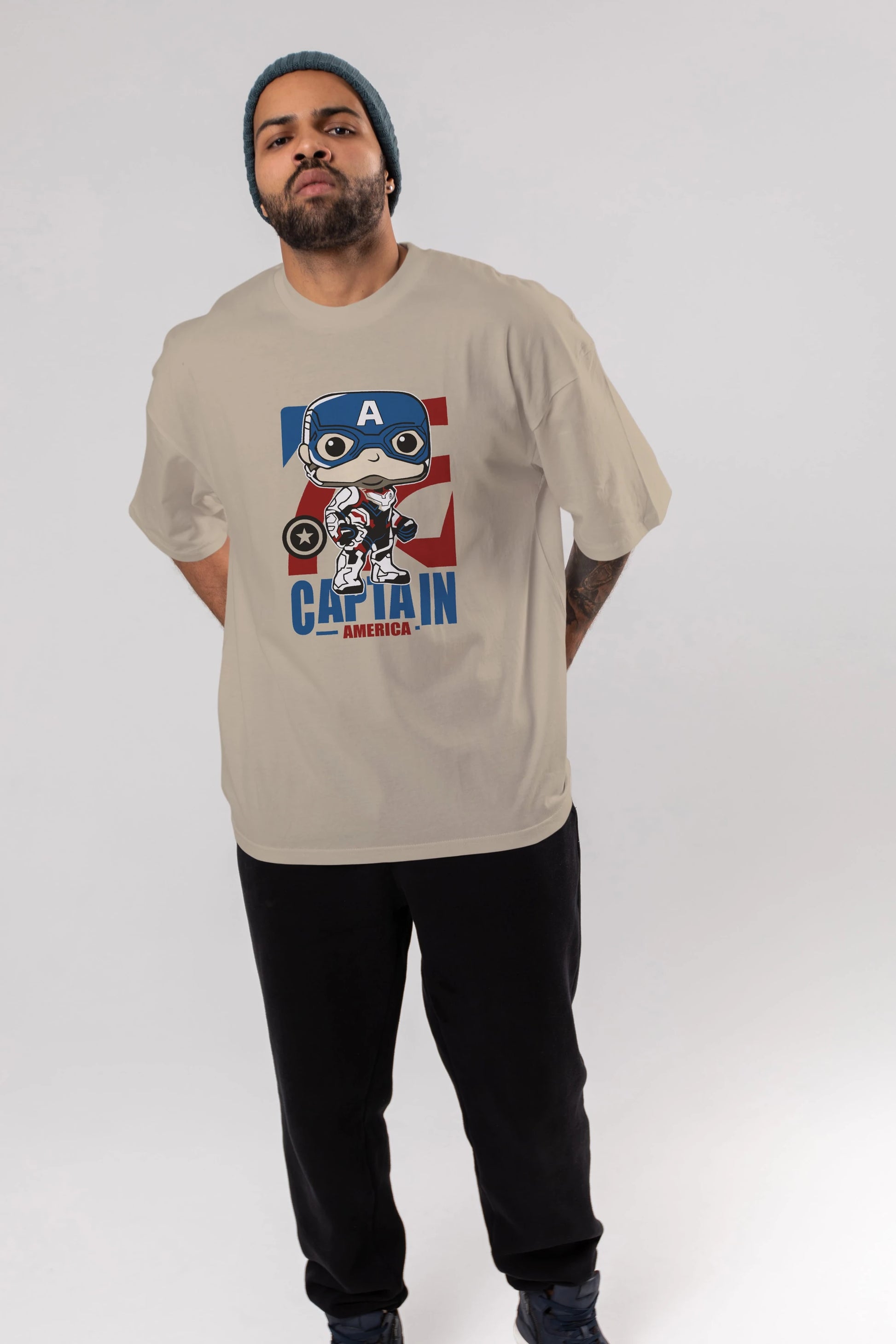 Captain America Ön Baskılı Oversize t-shirt Erkek Kadın Unisex %100 Pamuk Bisiklet Yaka tişort
