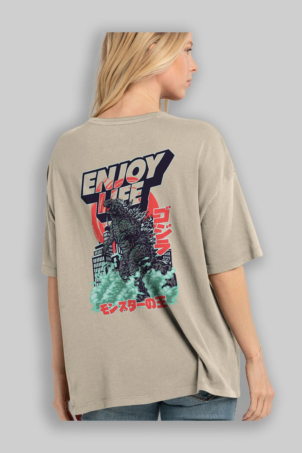 Godzilla Arka Baskılı Oversize t-shirt Erkek Kadın Unisex %100 Pamuk Bisiklet Yaka tişort