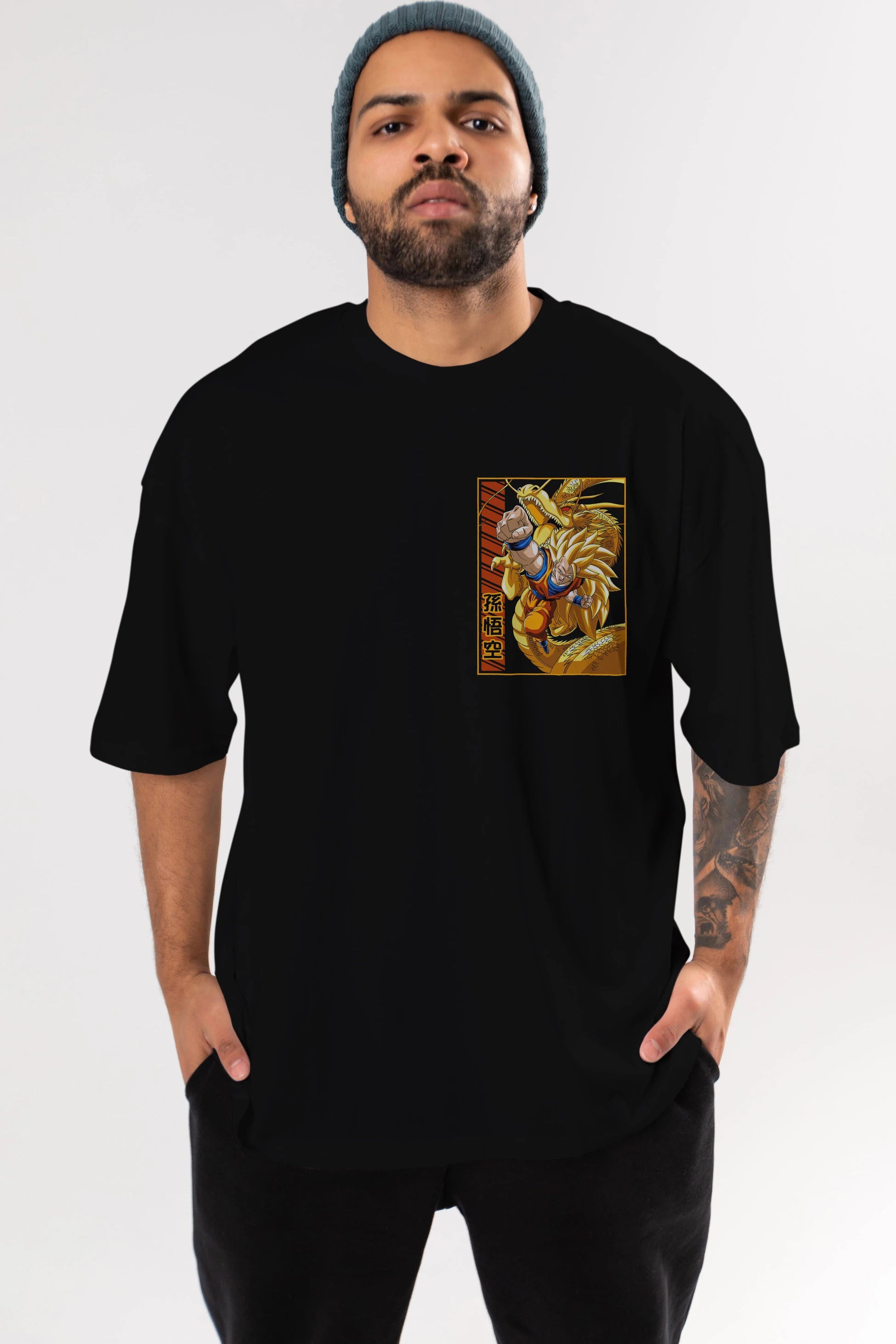 DragonBall Goku Ön Sol Baskılı Oversize t-shirt Erkek Kadın Unisex %100 Pamuk Bisiklet Yaka tişort