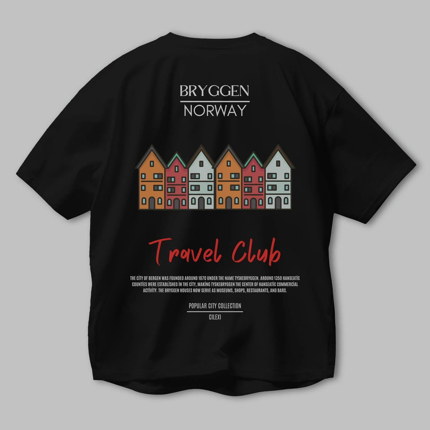 Bryggen Norway Arka Baskılı Oversize t-shirt Erkek Kadın Pamuk Bisiklet Yaka tişort
