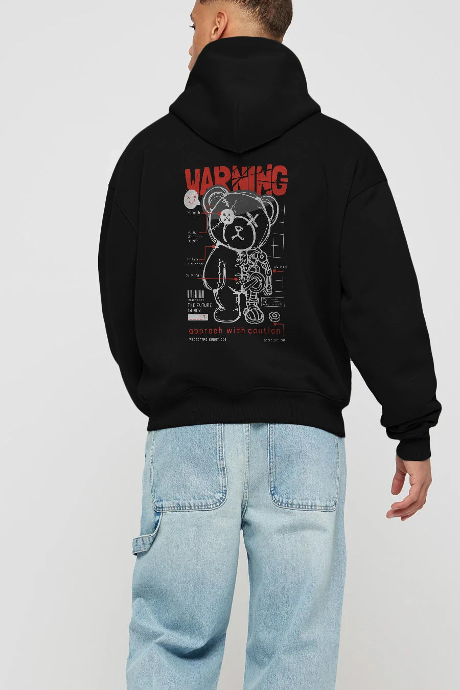 Teddy Bear Warning Arka Baskılı Hoodie Oversize Kapüşonlu Sweatshirt Erkek Kadın Unisex