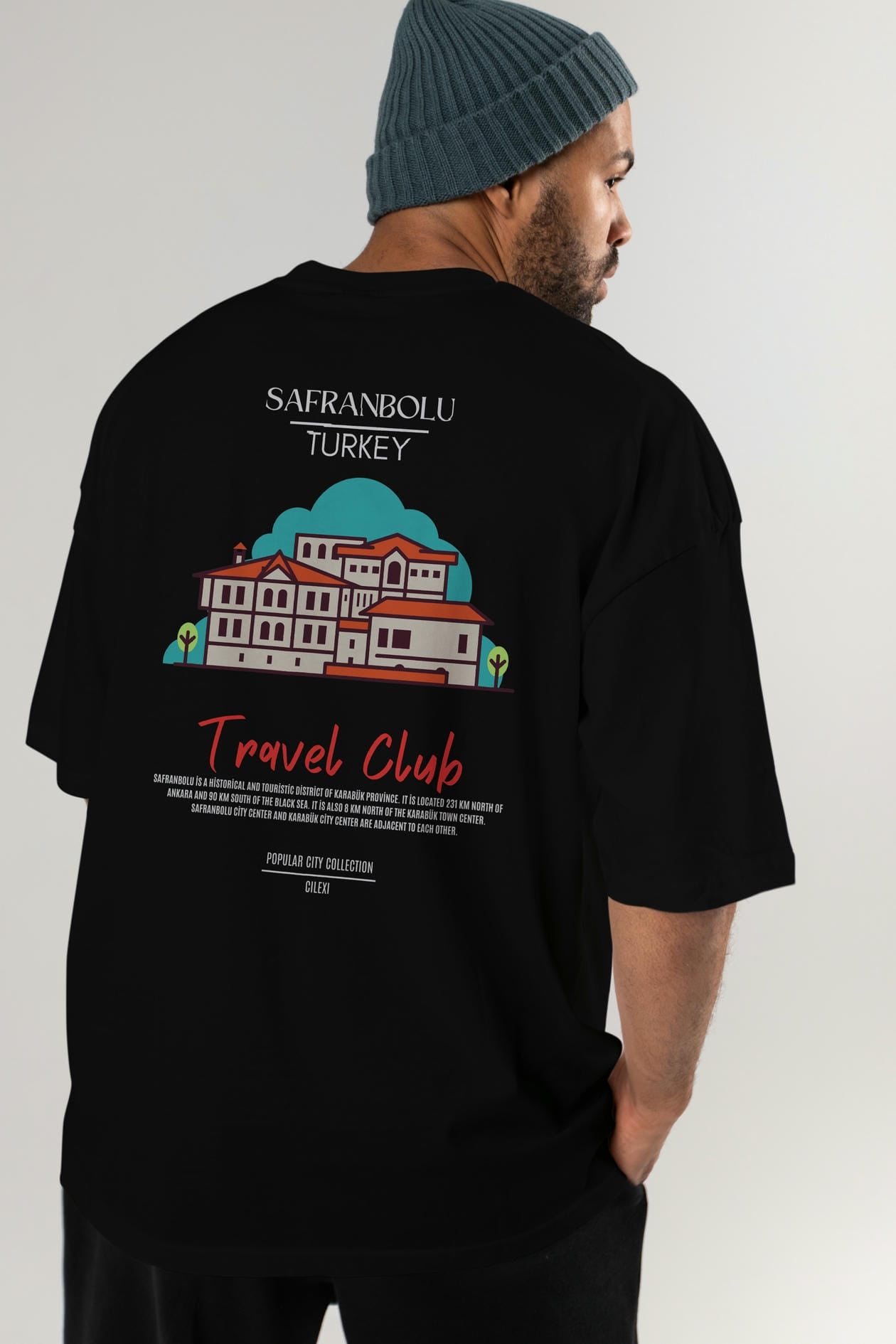 Safranbolu Turkey Arka Baskılı Oversize t-shirt Erkek Kadın Pamuk Bisiklet Yaka tişort