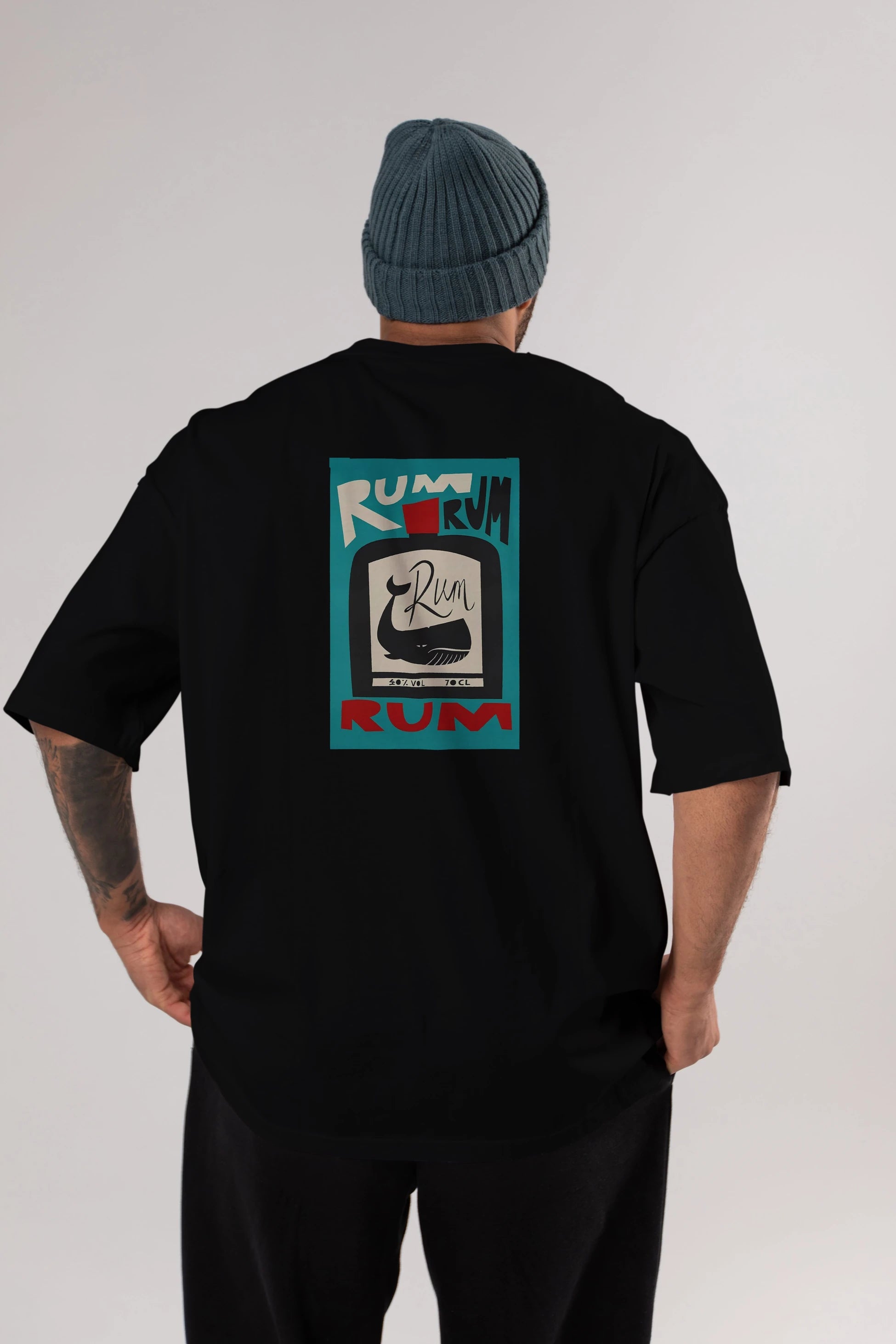 Rum Arka Baskılı Oversize t-shirt Erkek Kadın Unisex %100 Pamuk Bisiklet Yaka tişort