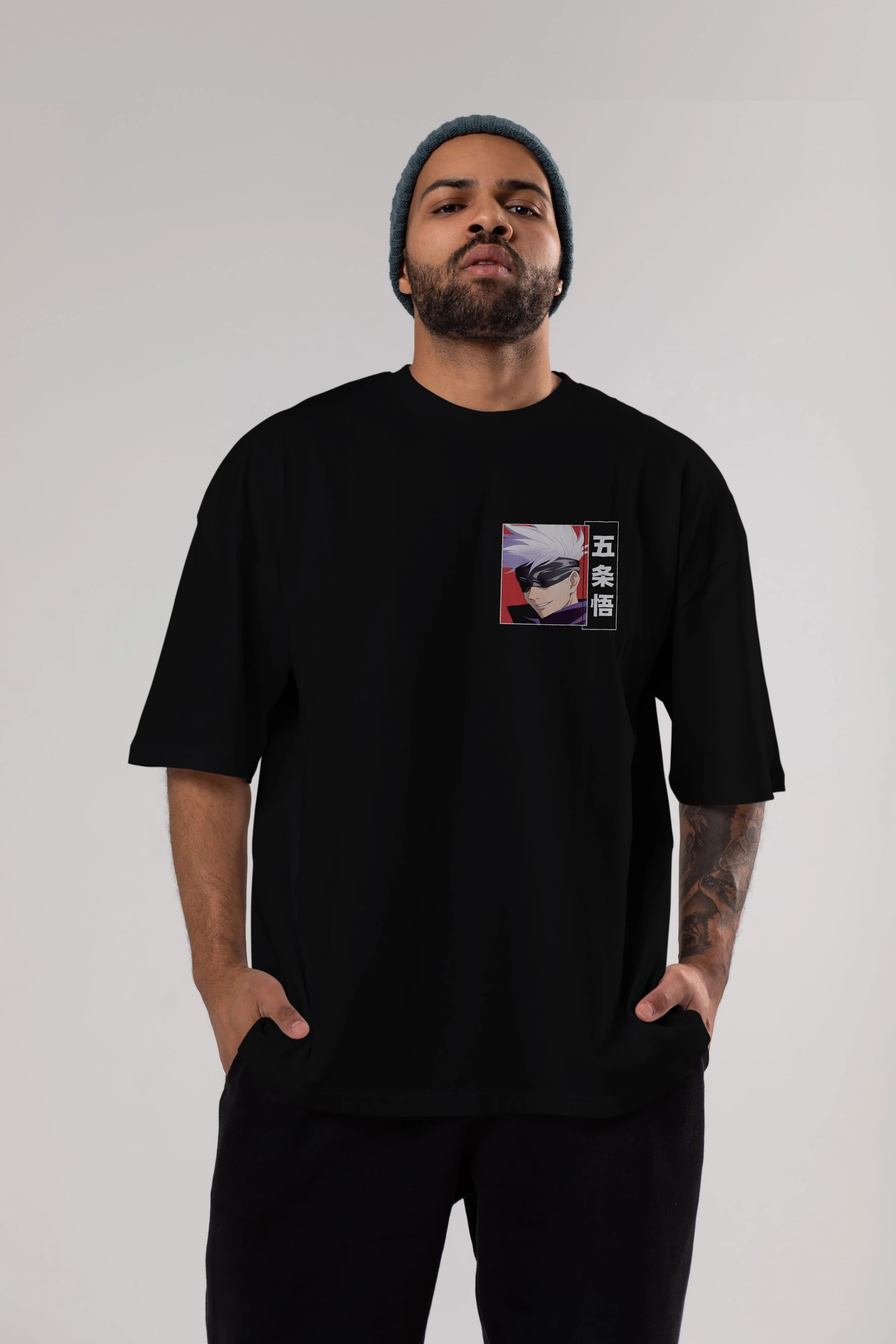 SATORU GOJO Ön Sol Baskılı Oversize t-shirt Erkek Kadın Unisex %100 Pamuk Bisiklet Yaka tişort