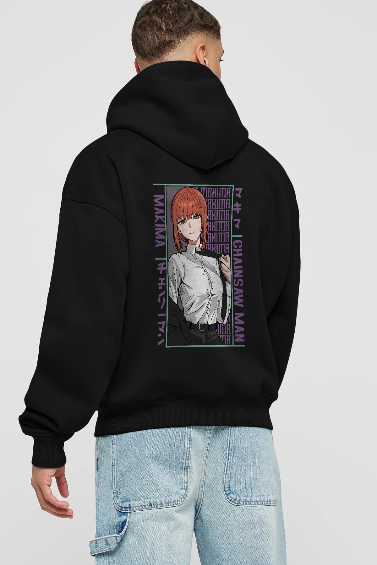 Makima Chain Saw Man Anime Arka Baskılı Hoodie Oversize Kapüşonlu Sweatshirt Erkek Kadın Unisex