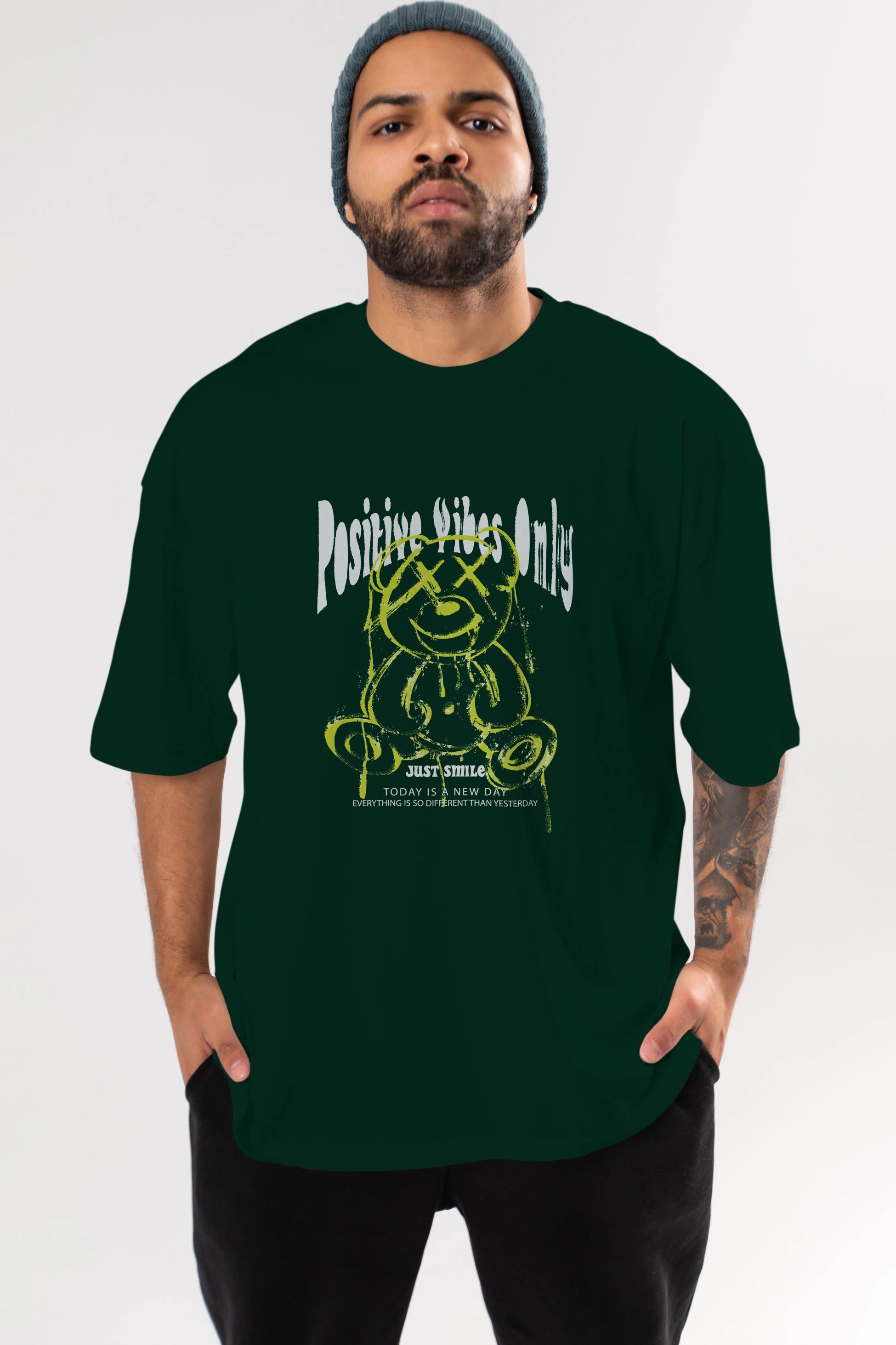 Positive Vibes Only Bear Ön Baskılı Oversize t-shirt Erkek Kadın Unisex