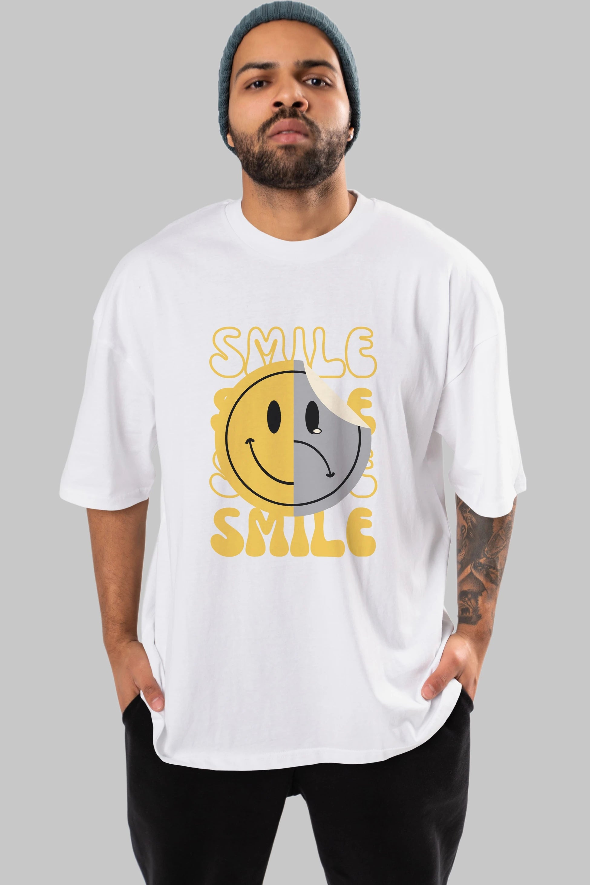 Smile Yazılı Ön Baskılı Oversize t-shirt Erkek Kadın Unisex