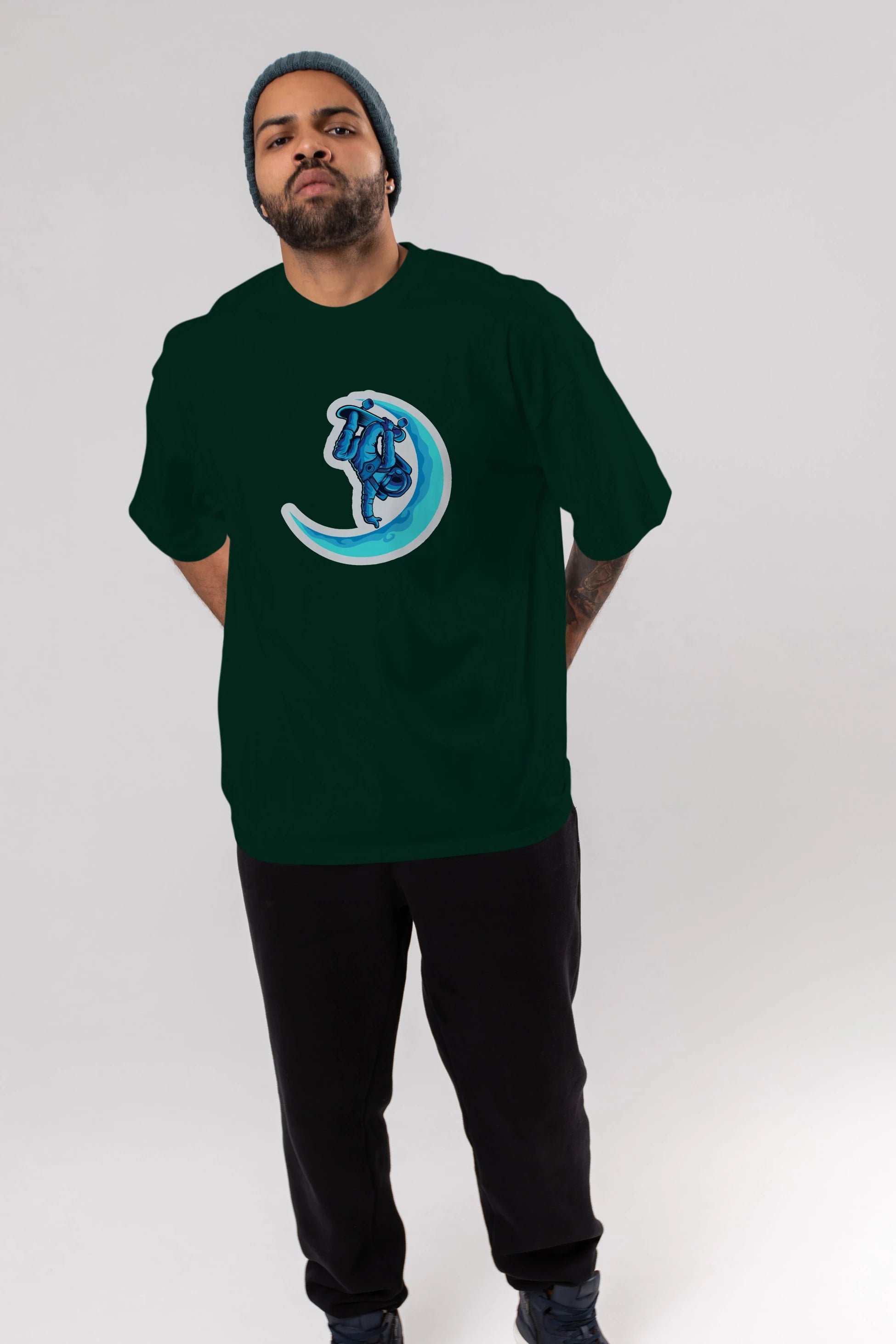 Skating on the moon sticker Ön Baskılı Oversize t-shirt Erkek Kadın Unisex