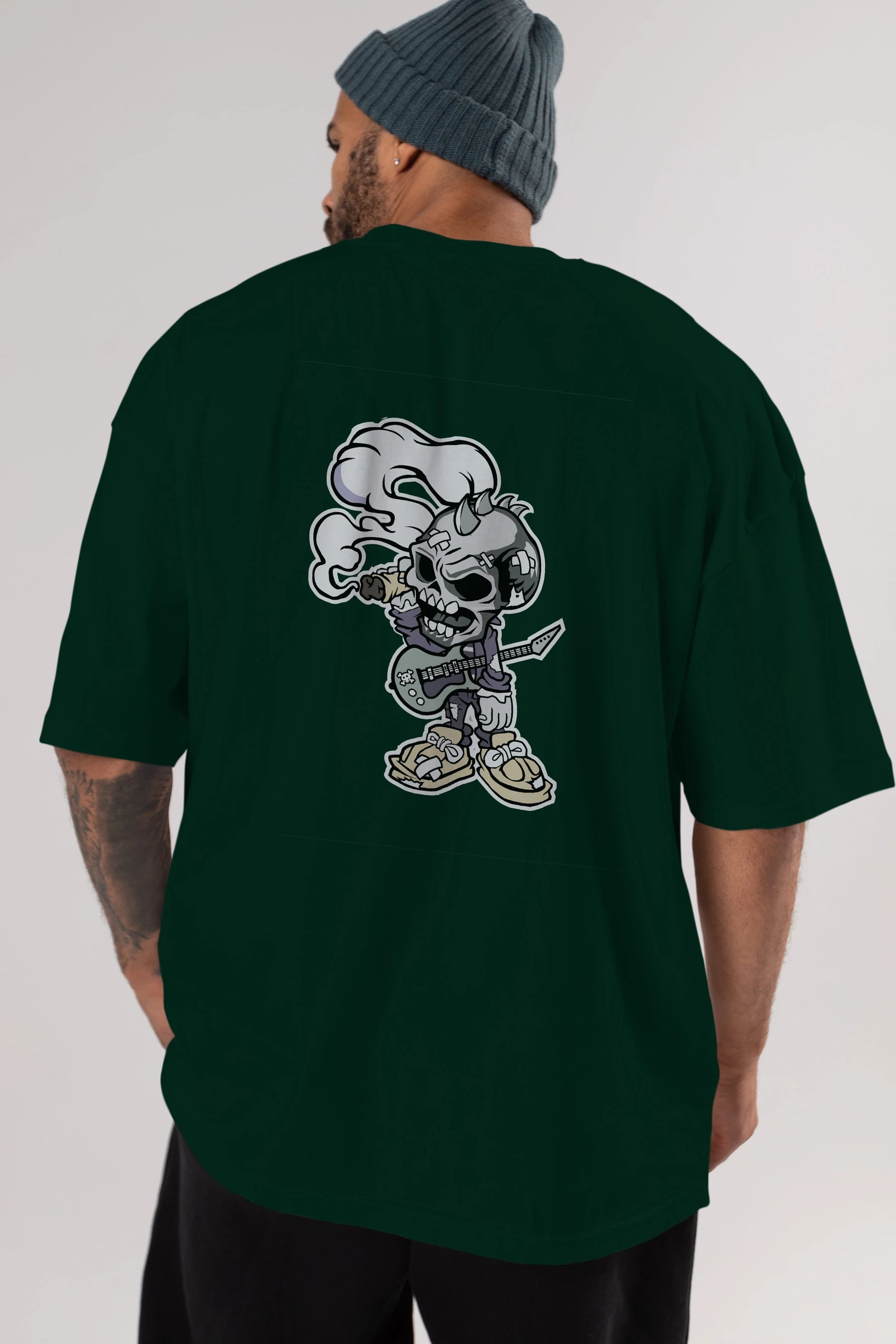 Skull Smoker Punk Rocker Arka Baskılı Oversize t-shirt Erkek Kadın Unisex %100 Pamuk tişort