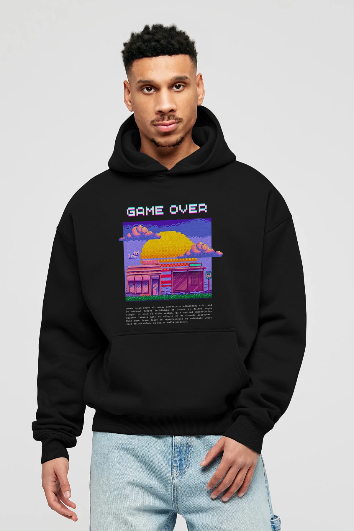 Game Over Yazılı Ön Baskılı Oversize Hoodie Kapüşonlu Sweatshirt Erkek Kadın Unisex
