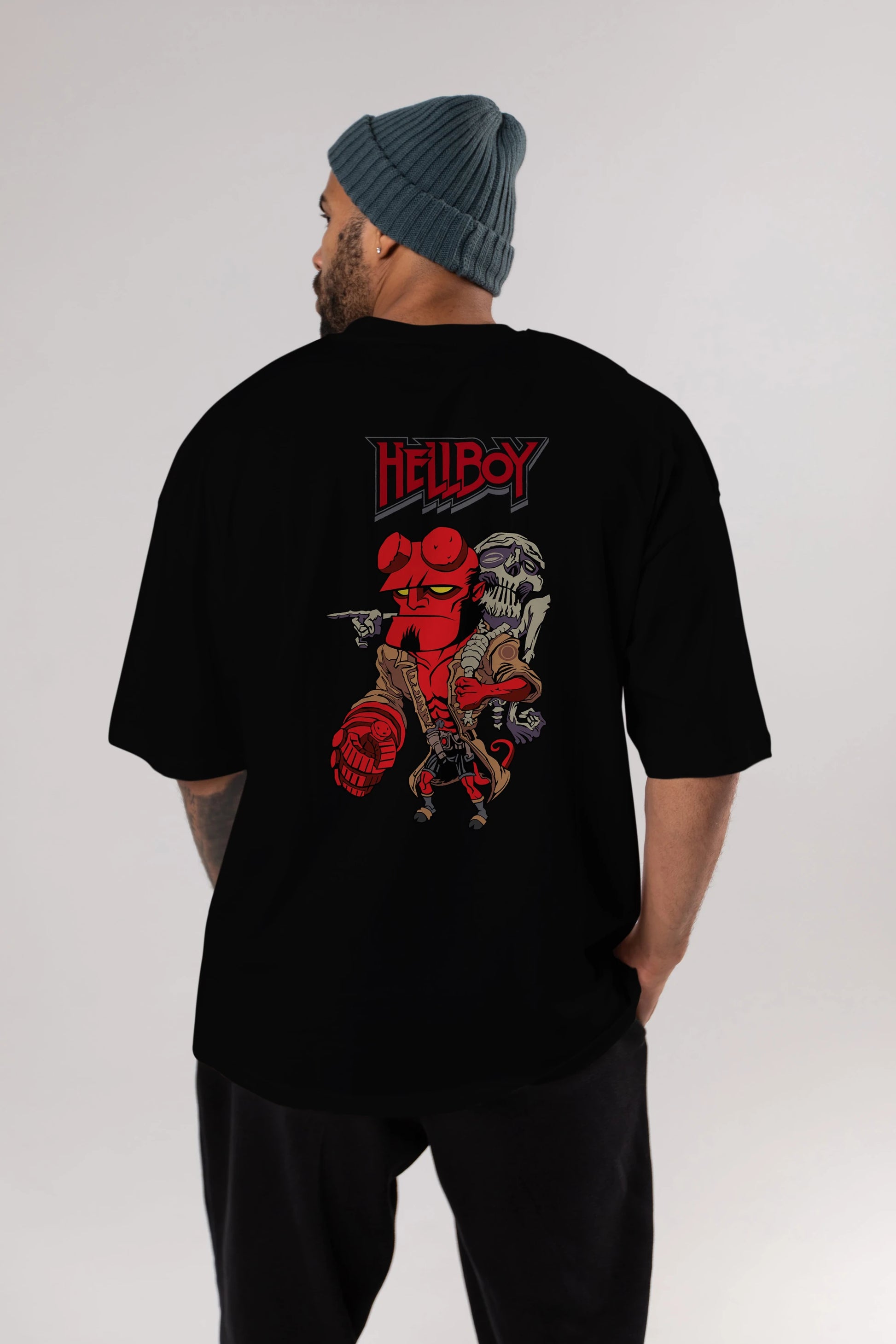 Hellboy (2) Arka Baskılı Oversize t-shirt Erkek Kadın Unisex %100 Pamuk Bisiklet Yaka tişort