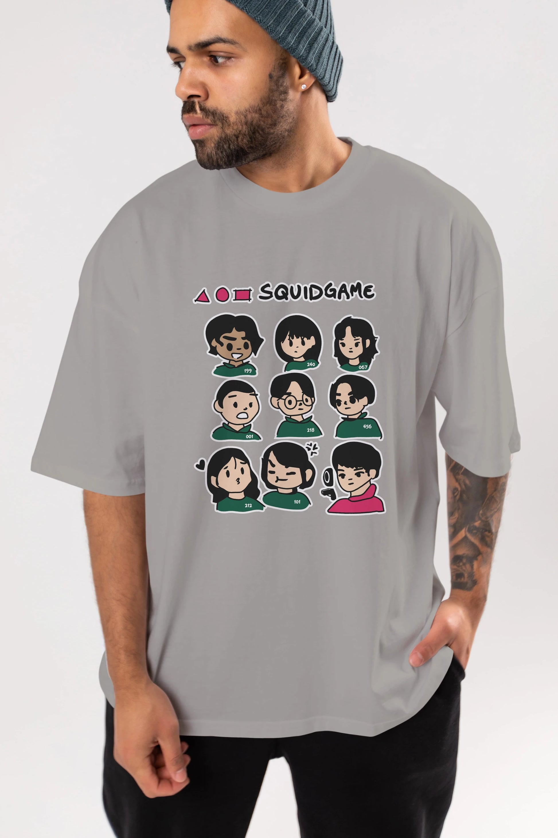 Squid Game (3) Ön Baskılı Oversize t-shirt Erkek Kadın Unisex %100 Pamuk Bisiklet Yaka tişort