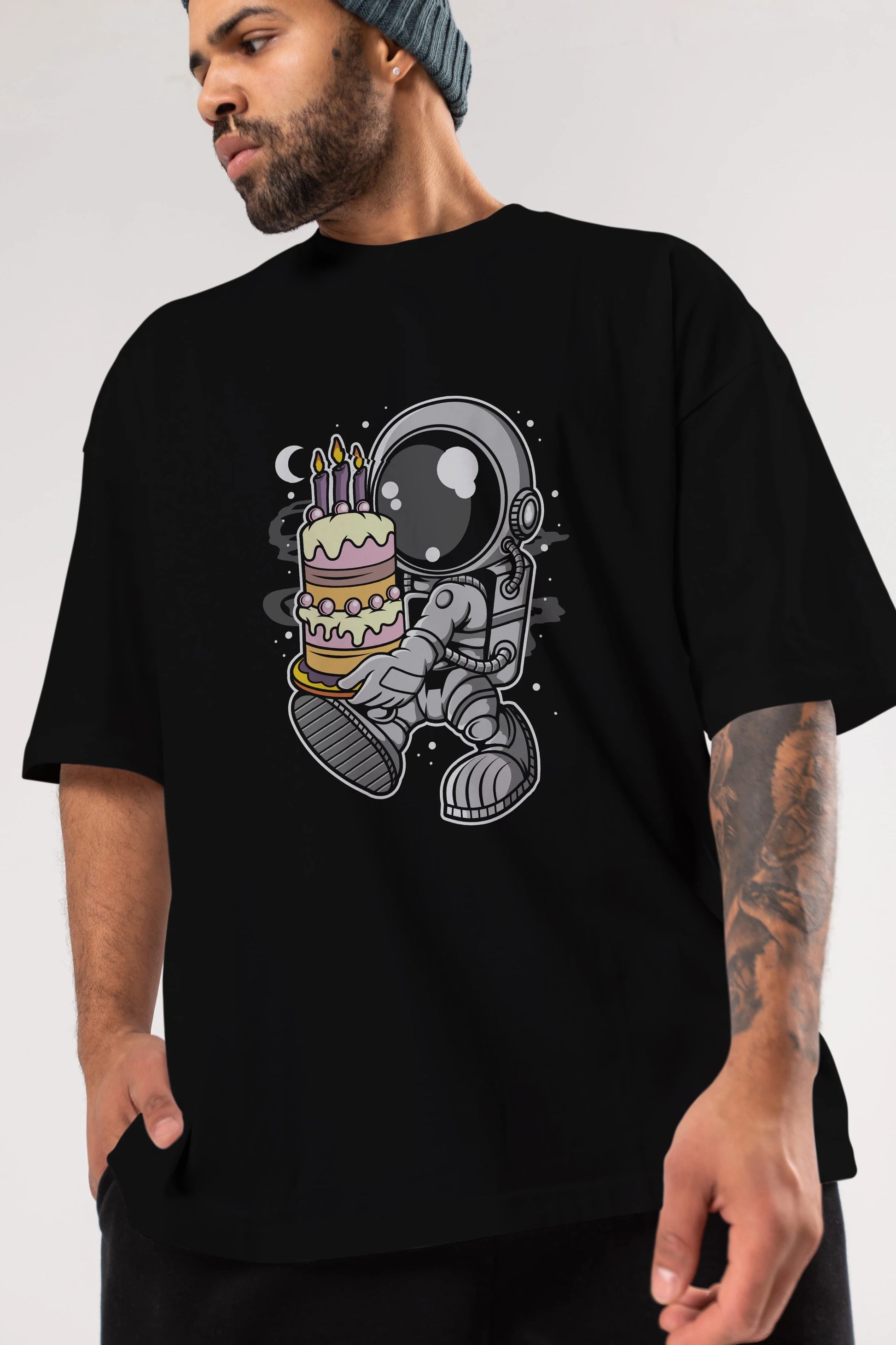 Astronaut Birthday Cake Ön Baskılı Oversize t-shirt Erkek Kadın Unisex