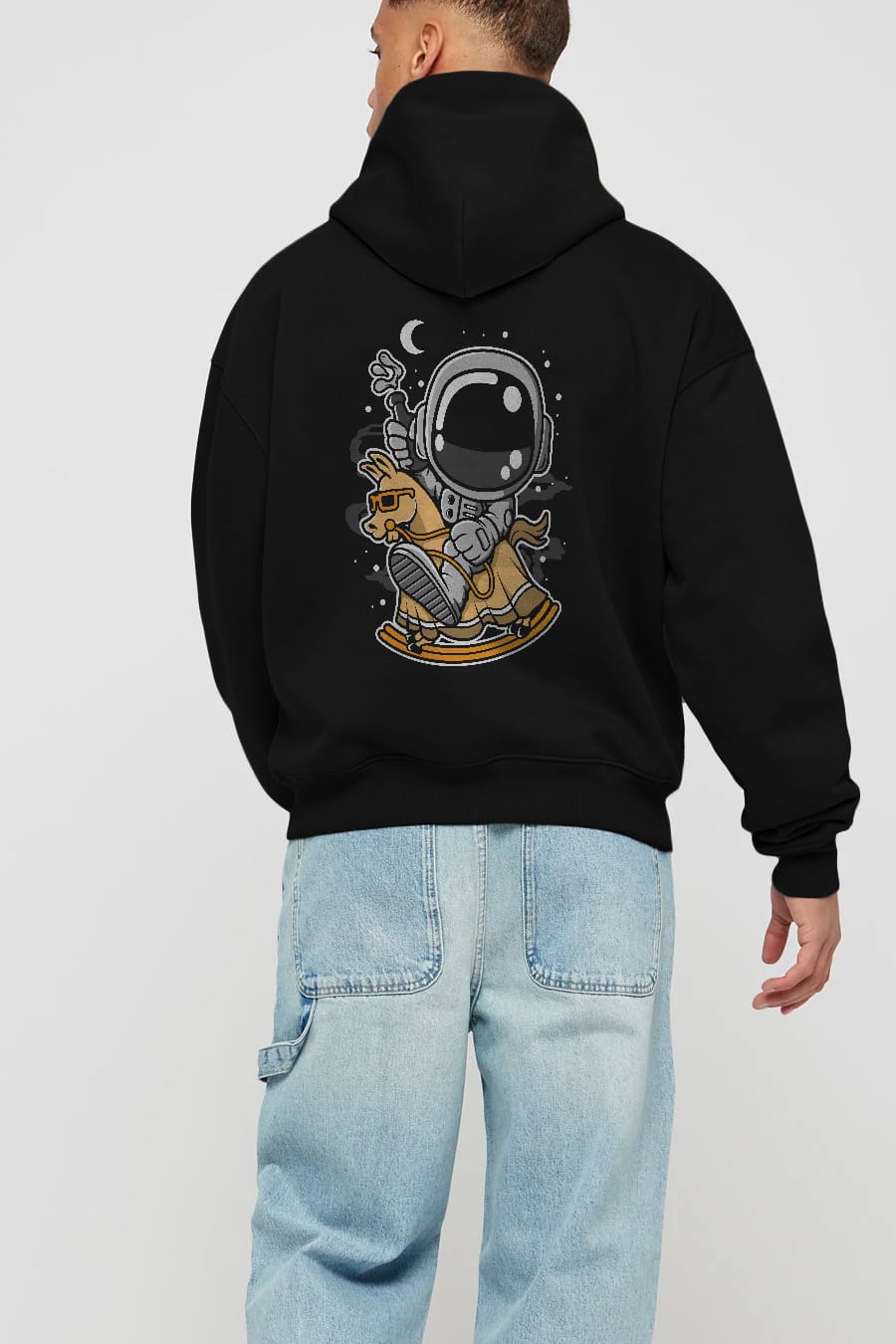 Astronaut RidingToy Horse Arka Baskılı Hoodie Oversize Kapüşonlu Sweatshirt Erkek Kadın Unisex
