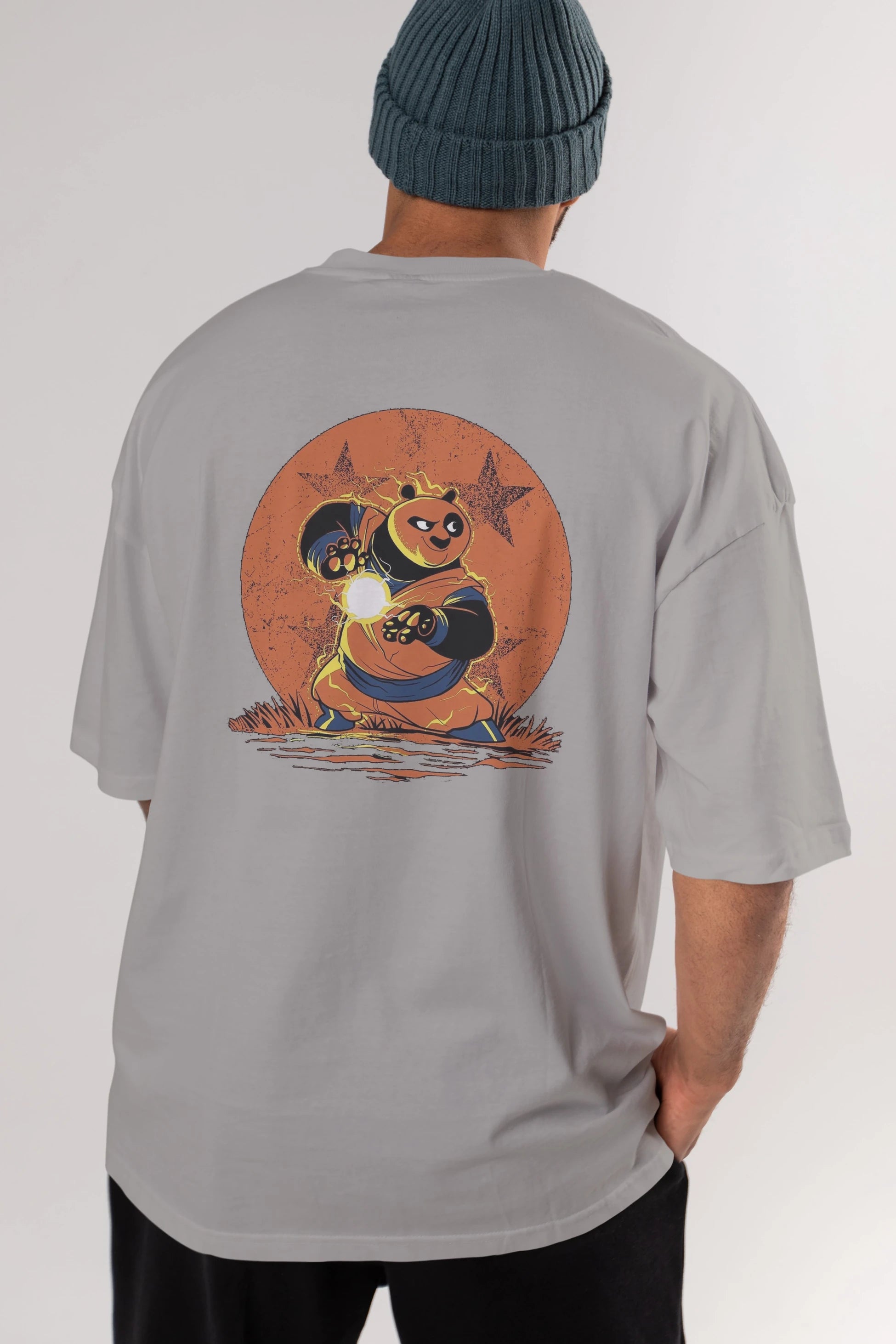 Kung Fu Panda Arka Baskılı Oversize t-shirt Erkek Kadın Unisex %100 Pamuk Bisiklet Yaka tişort